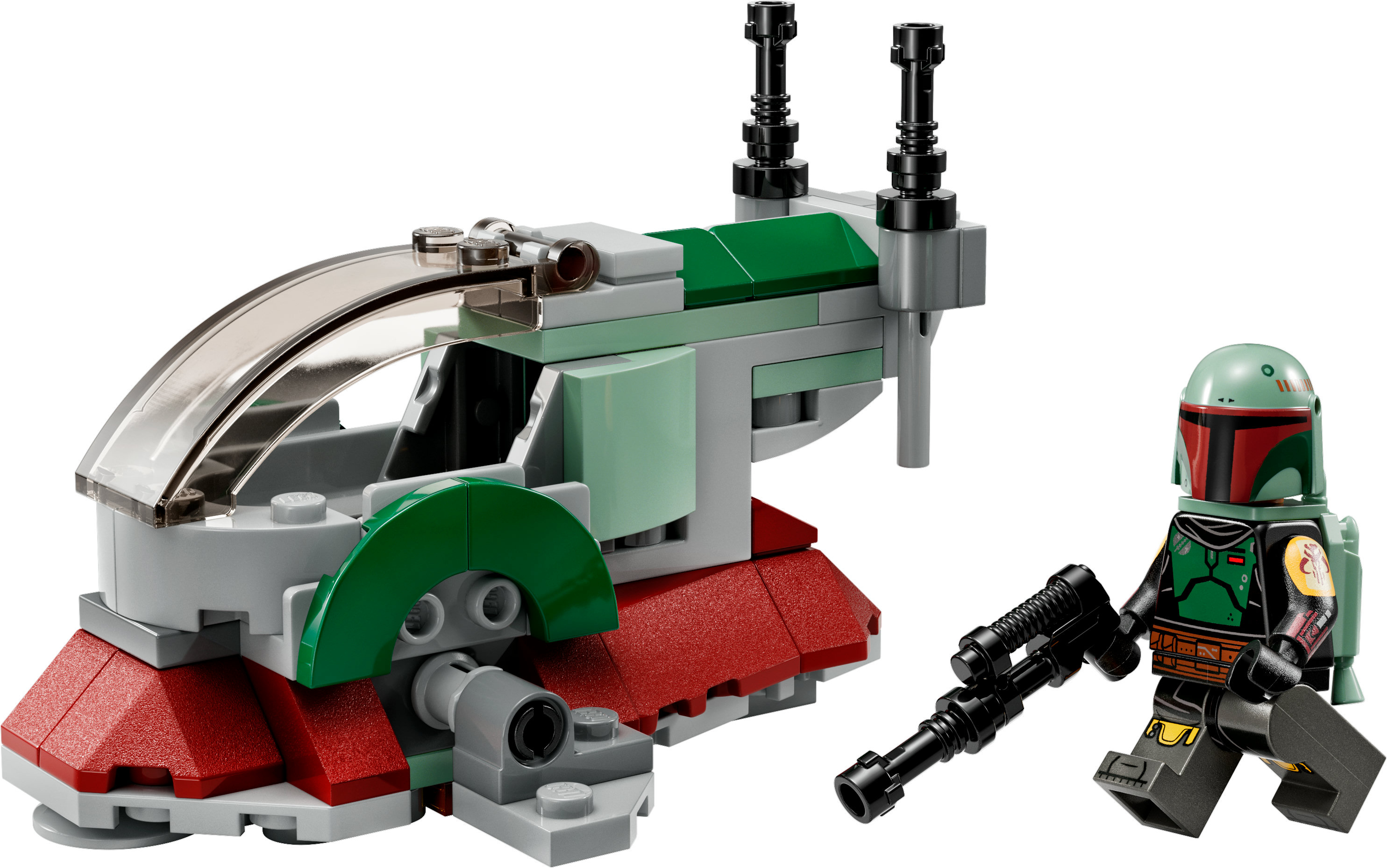 Set Lego Star Wars Slave I. Presenta una nave gris y roja con minifigura de Boba Fett y un bláster.