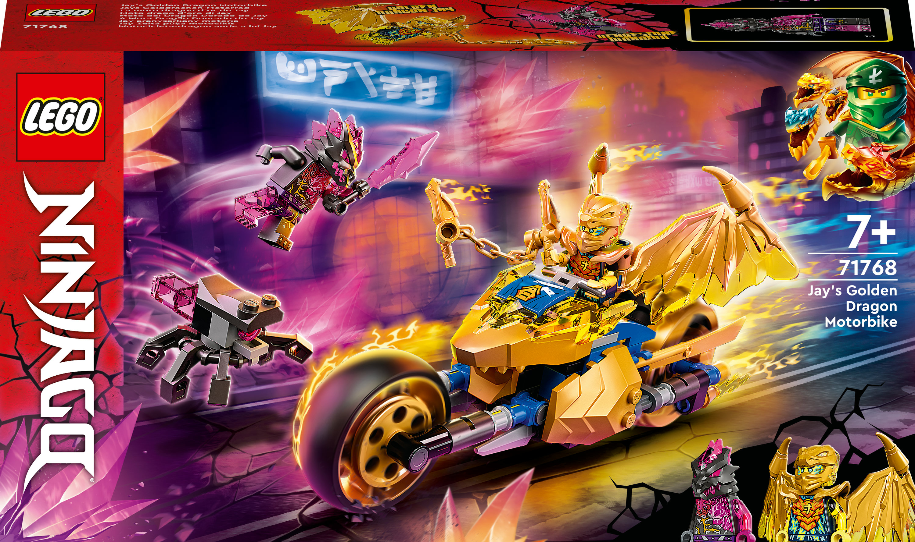 Lego Ninjago Set mit goldenem Drachen-Motorrad und Figuren.