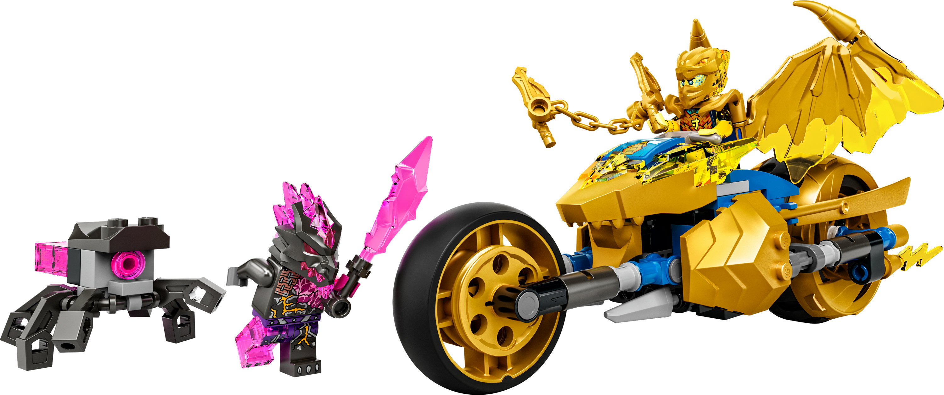 Ein Lego Ninjago Set mit einem goldenen Motorrad, einem Ninja und einem Monster.