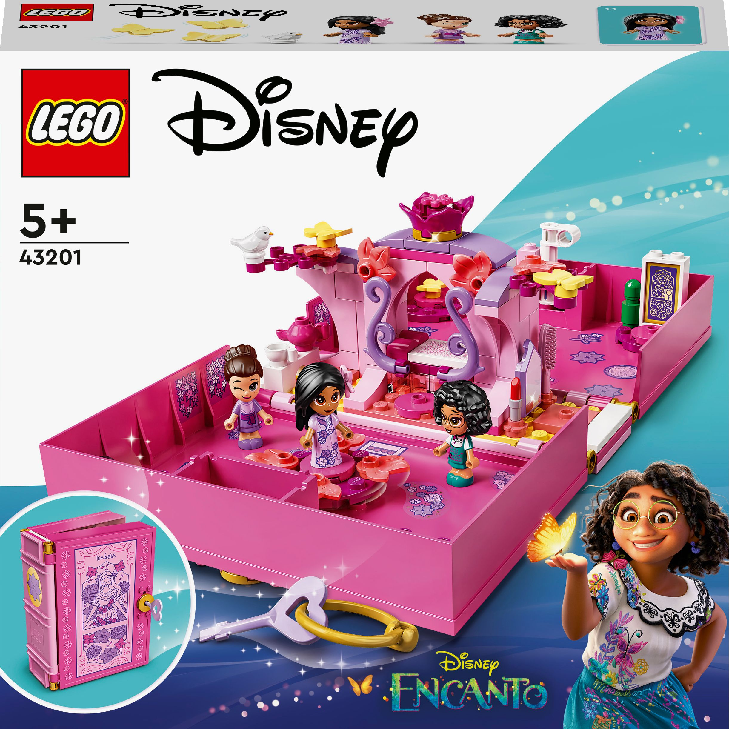 Lego Disney Encanto seti, figürler ve pembe bir bina ile renkli bir sahne. Detaylı bir oyuncak içerir.