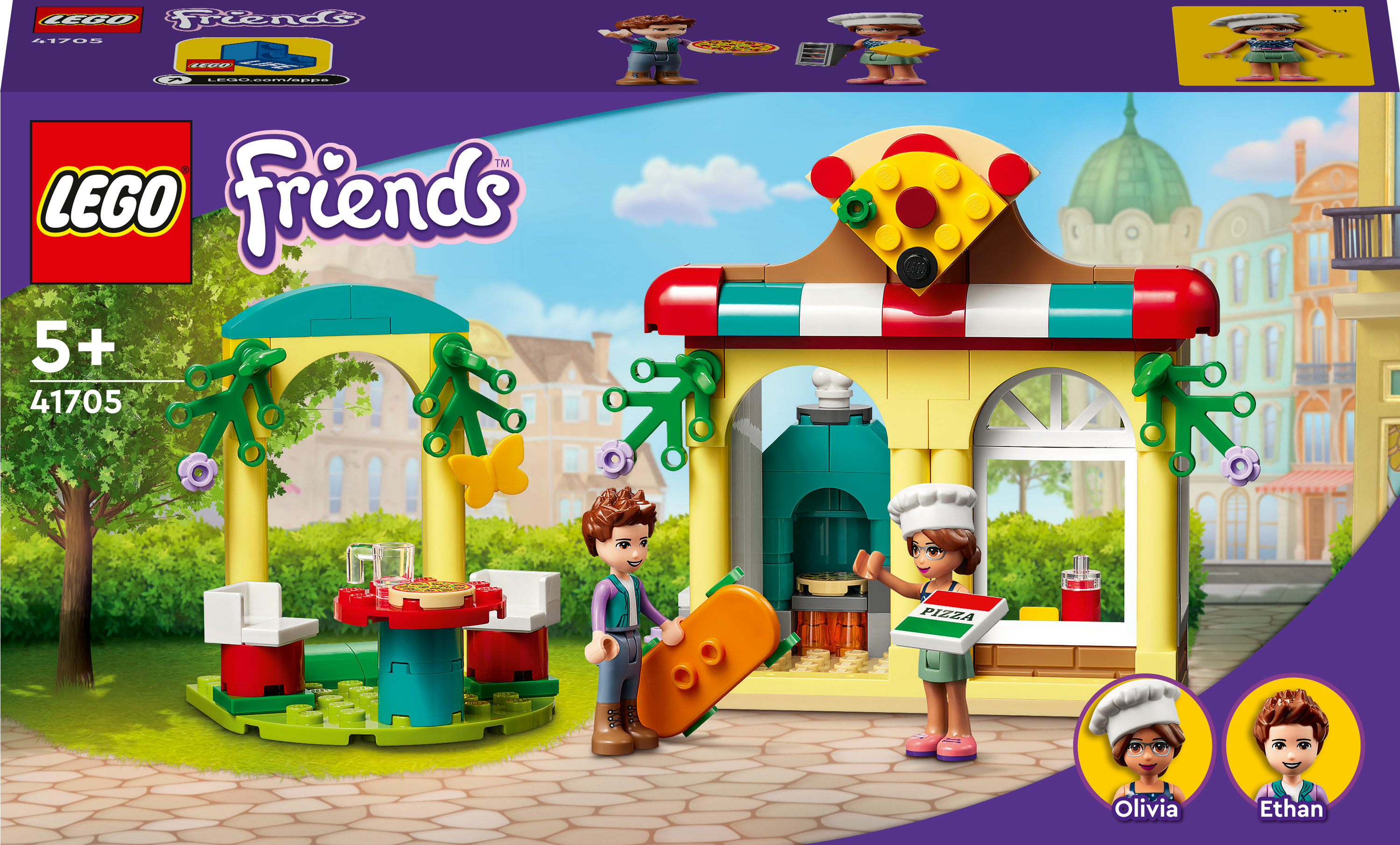 LEGO Friends Set mit einem Pizzarestaurant, Figuren, Tisch und grünem Laub.