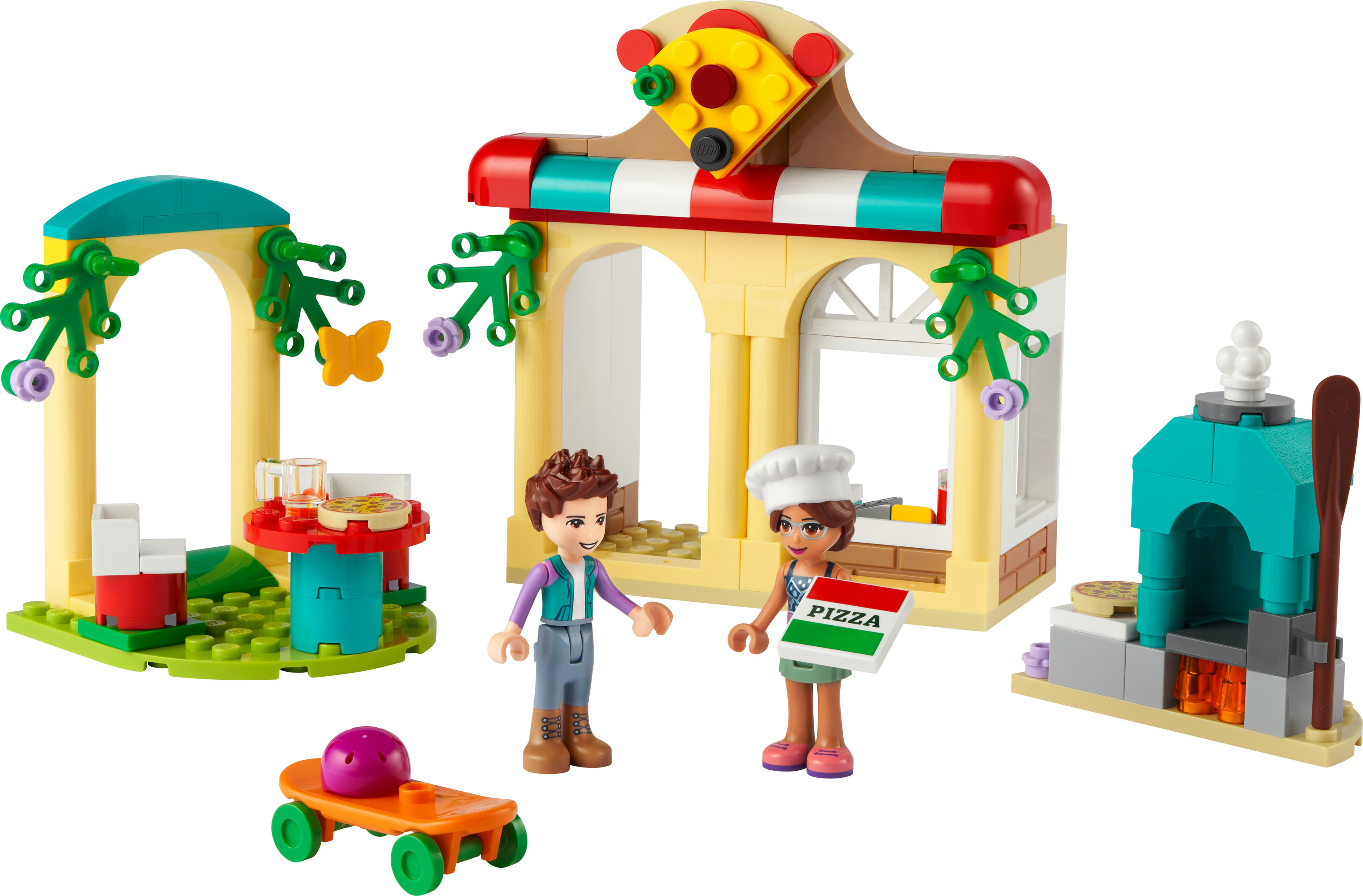 Ein Lego Friends Set zeigt ein Pizza-Restaurant mit Minifiguren, einem Roller und einem Pizzaofen auf weißem Hintergrund.