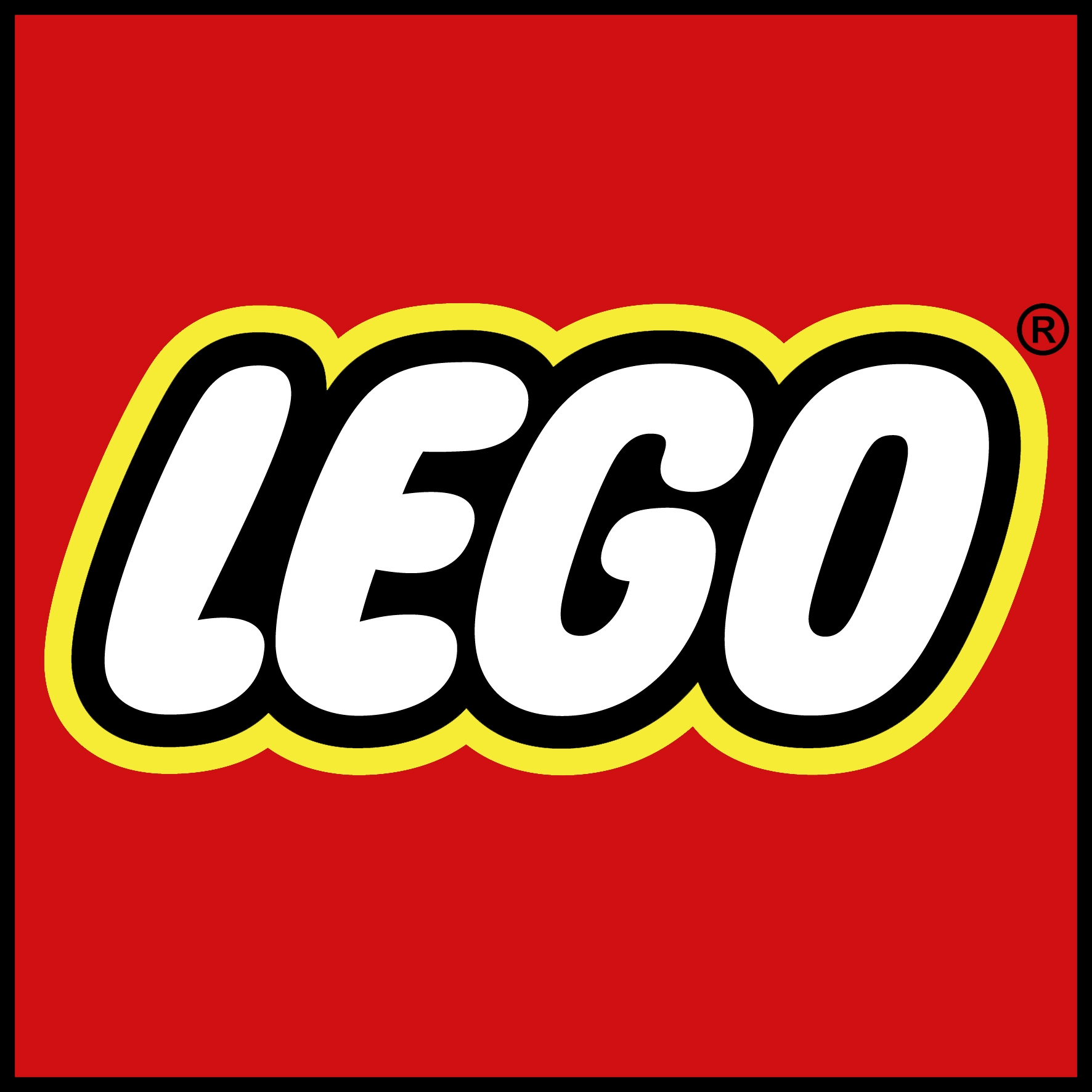 Il logo LEGO su sfondo rosso con testo giallo e nero.