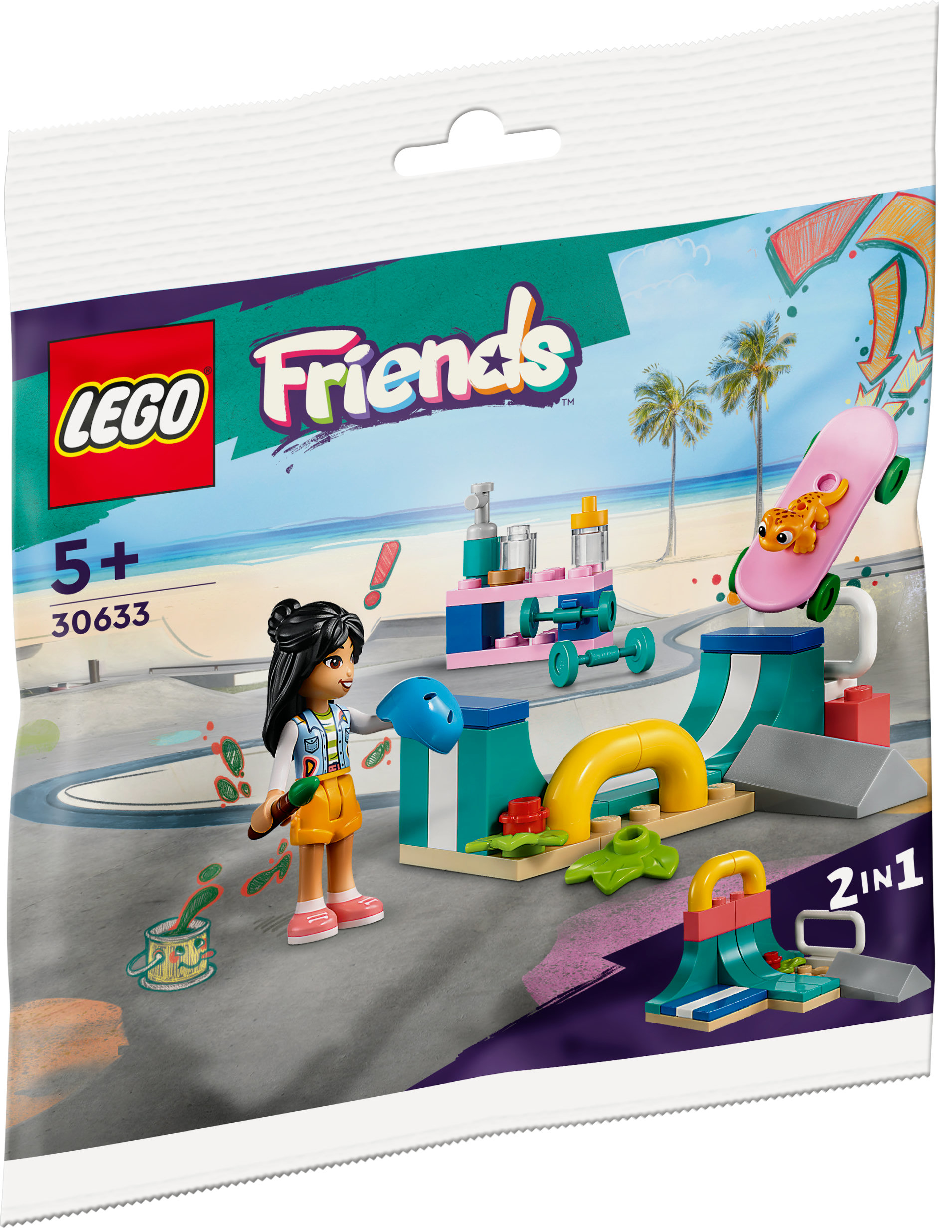Set LEGO Friends in una busta, con personaggi e una scena di skate park. Sfondo bianco.