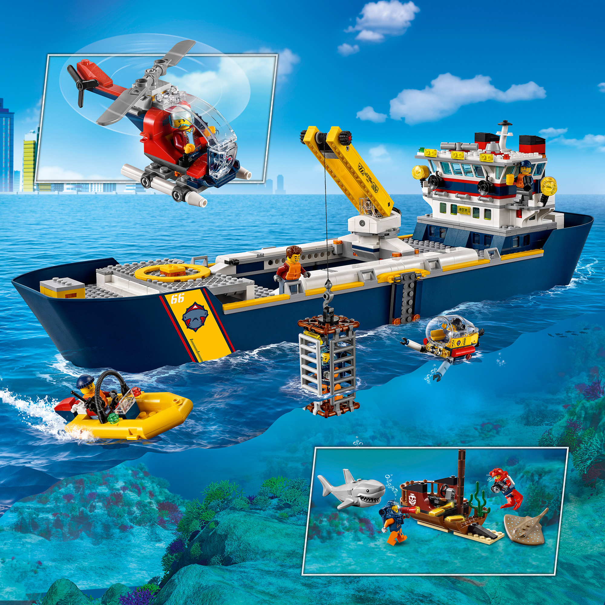 Lego City set: Oceaanverkenning met schip, helikopter en minifiguren.