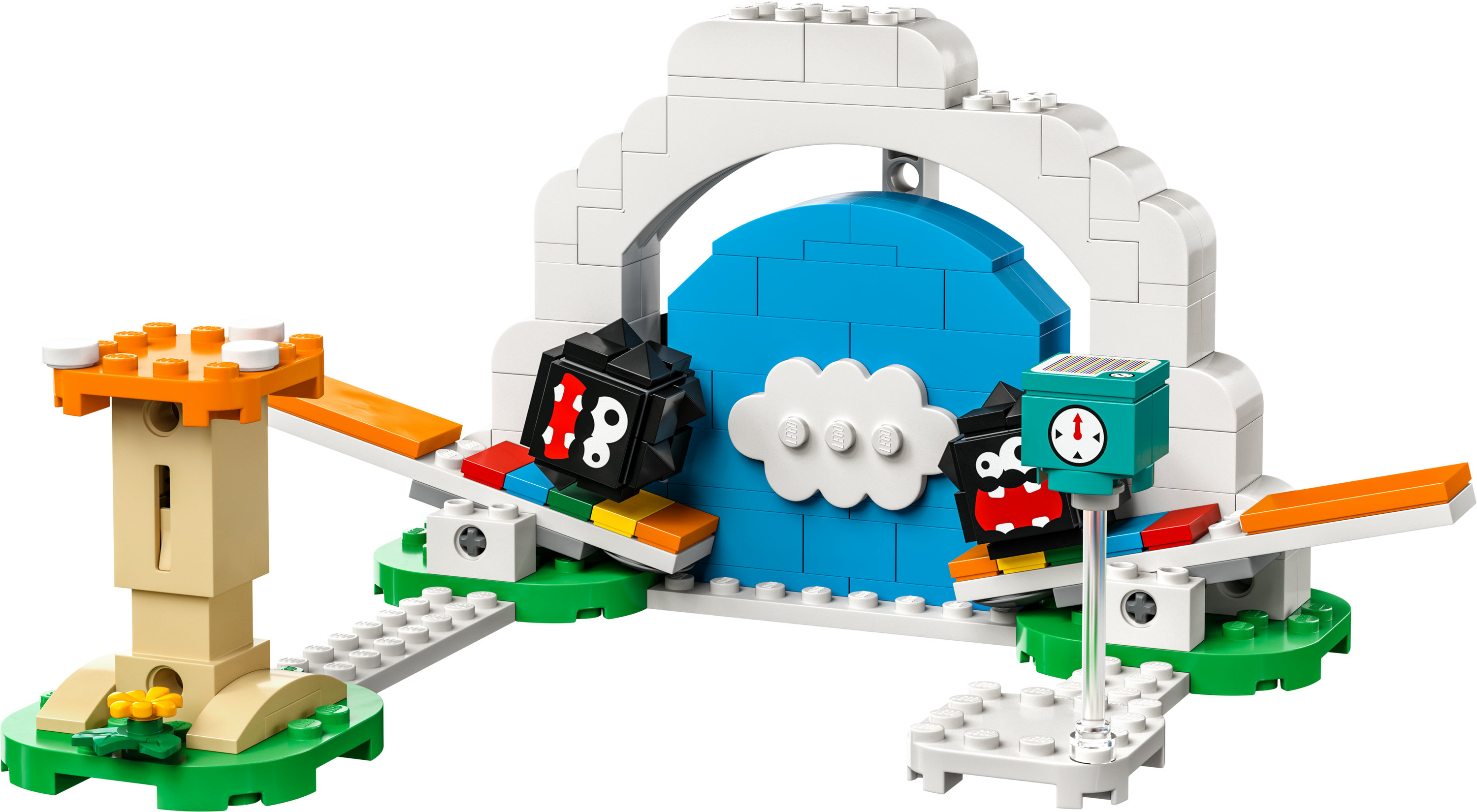 LEGO Duplo set, two black blocks, a blue curved wall, and a white archway.