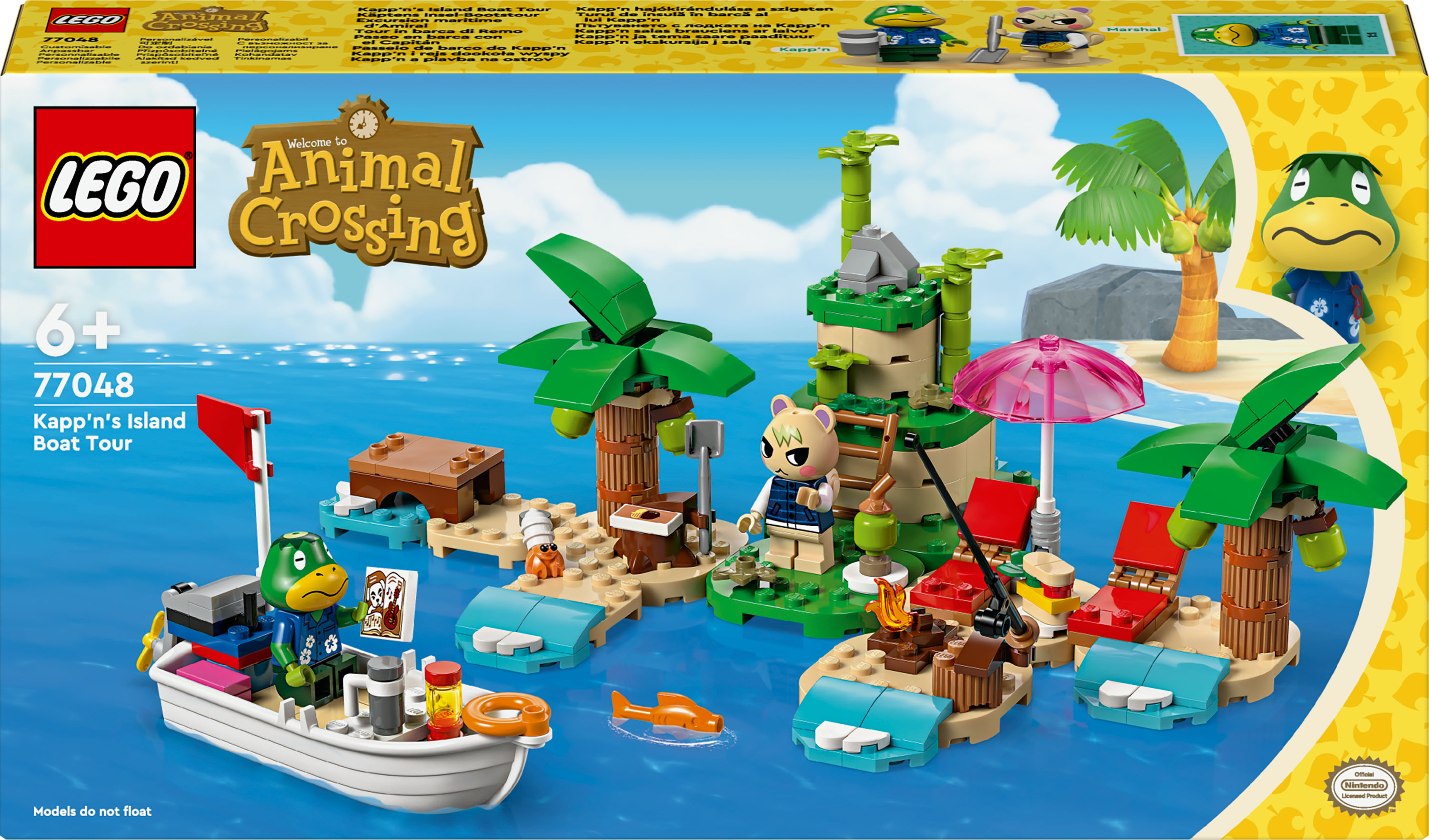 Karakterler, tekne, palmiye ağaçları ve kamp ateşi olan bir ada sahnesini gösteren Lego set kutusu.