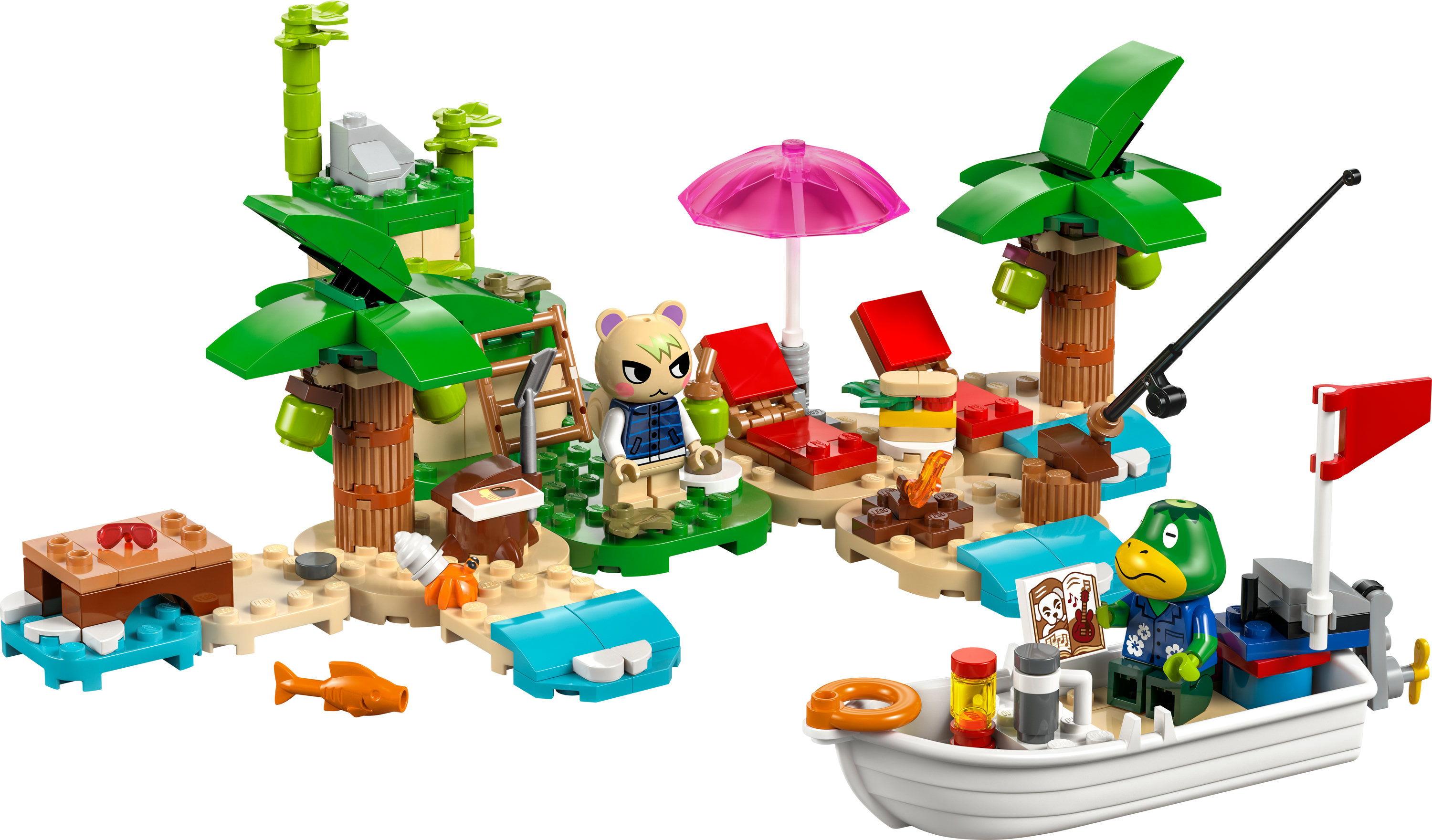 Karakterler, palmiye ağaçları, bir tekne ve çeşitli aksesuarlarla bir Lego plaj sahnesi.
