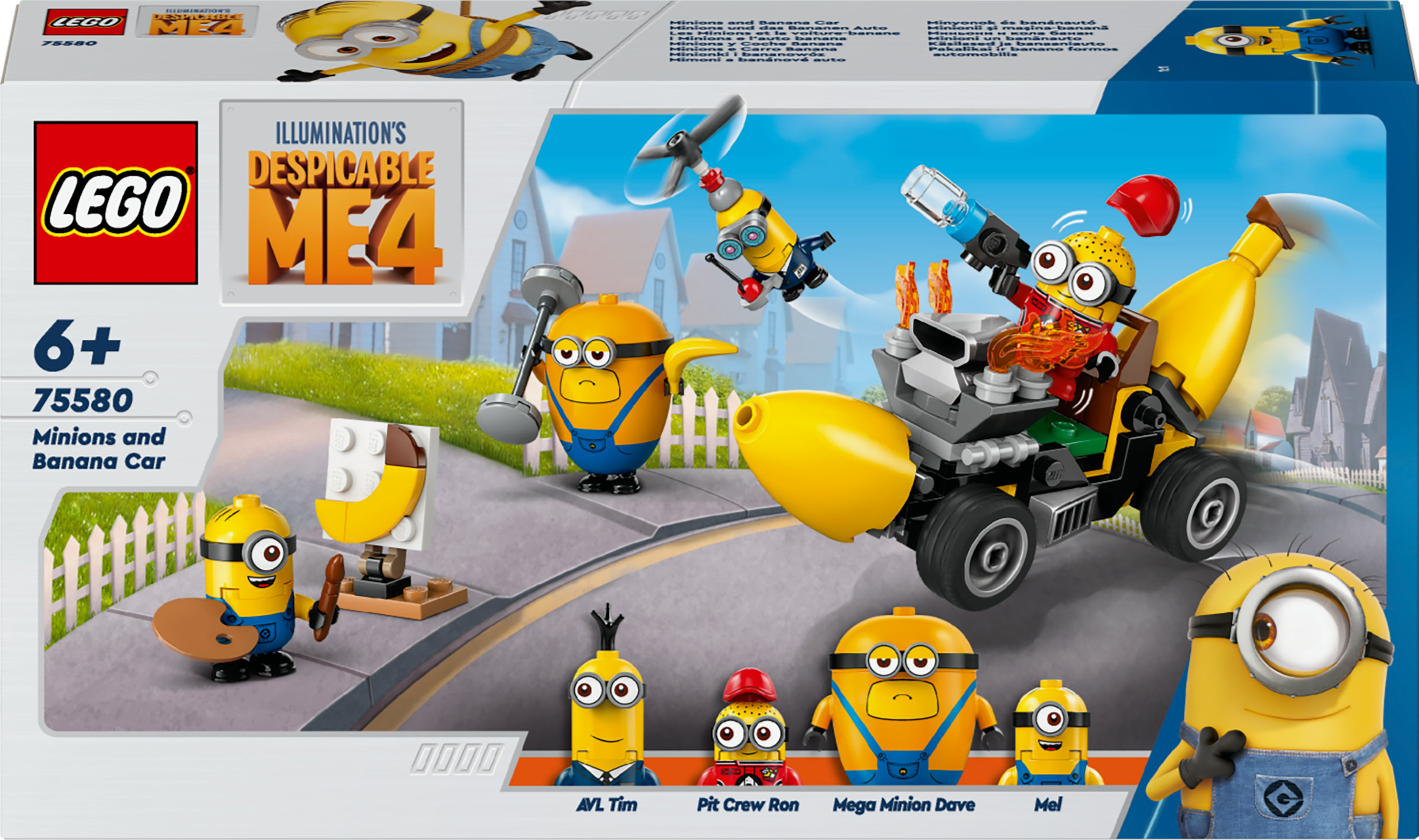 Zestaw Lego z Minionkami i bananowym samochodem, ze zdjęciami postaci i samochodu.