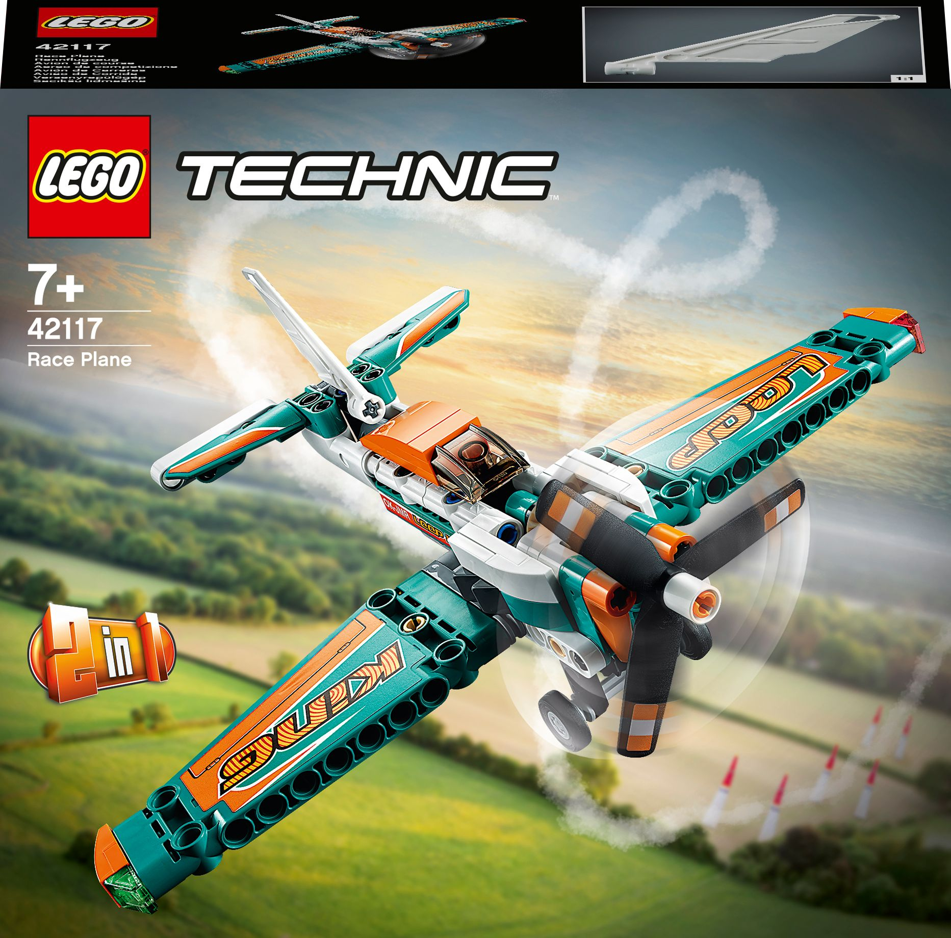 Lego Technic Rennflugzeug. Orange und teal Farben mit Propeller und Hintergrundansicht.