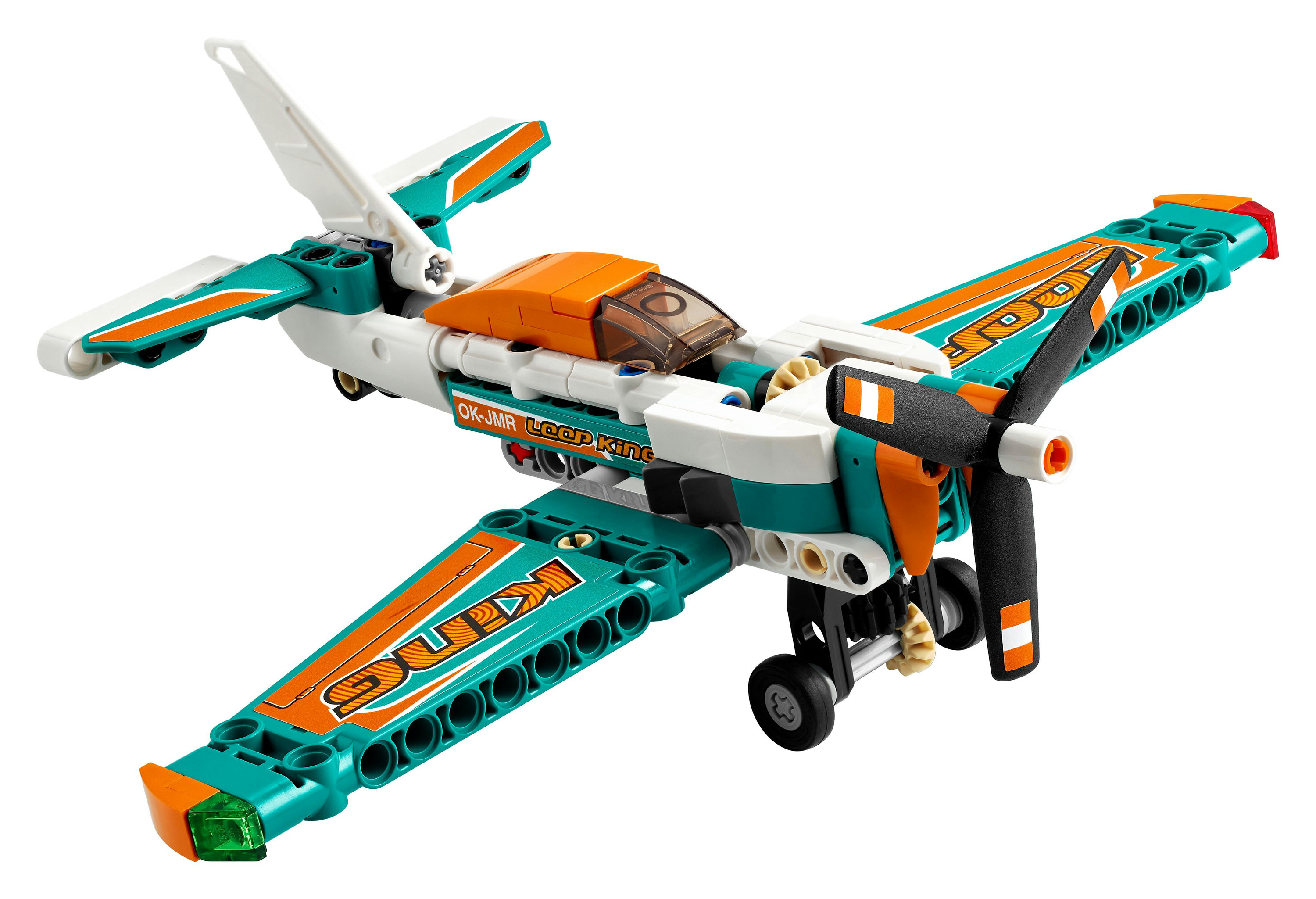 Ein Lego-Flugzeugmodell, orange und blaugrün.