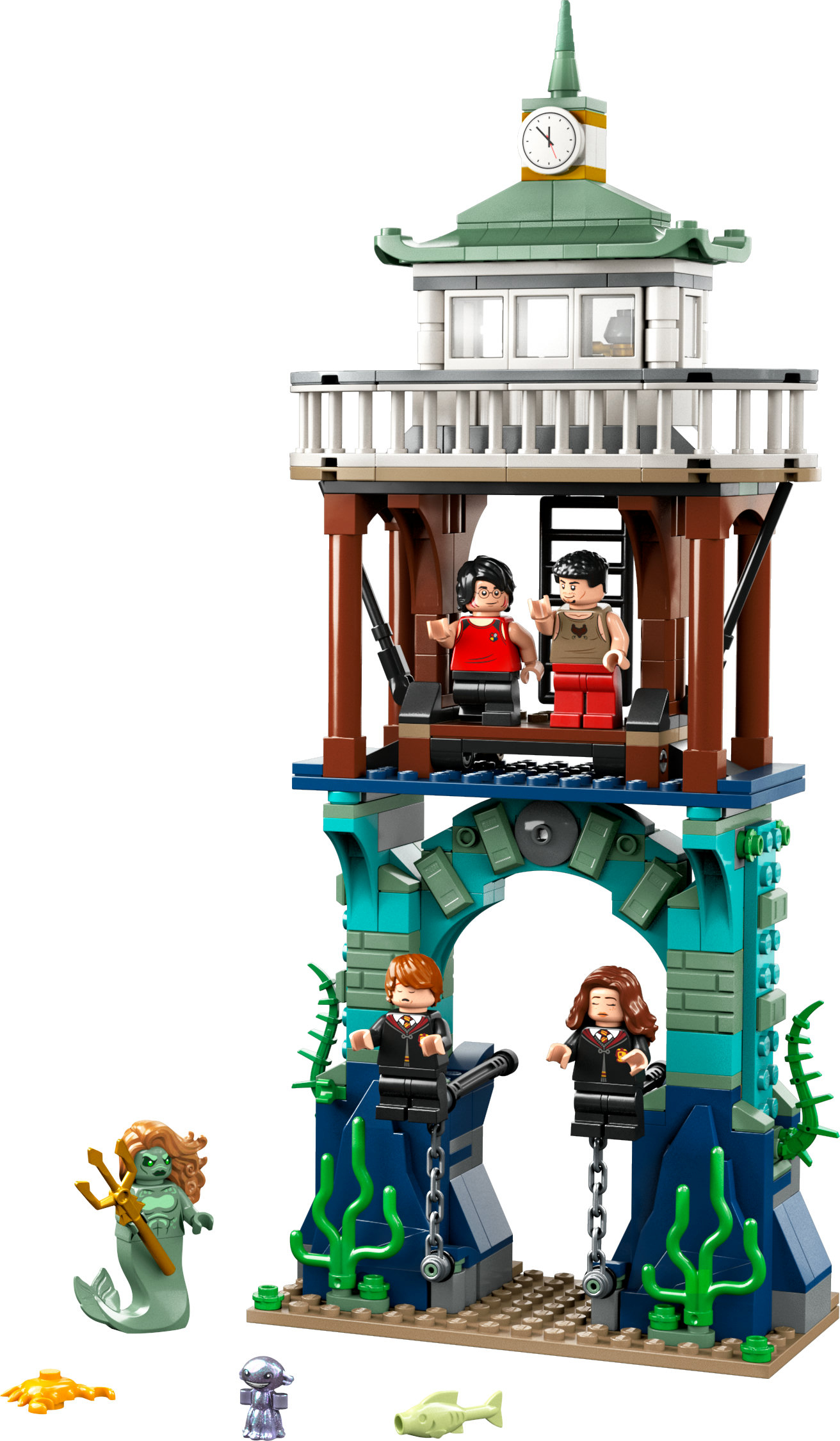 Ein Lego-Set eines Turms mit vier Figuren. Eine Meerjungfrau, Fische und ein Seestern sind unten.