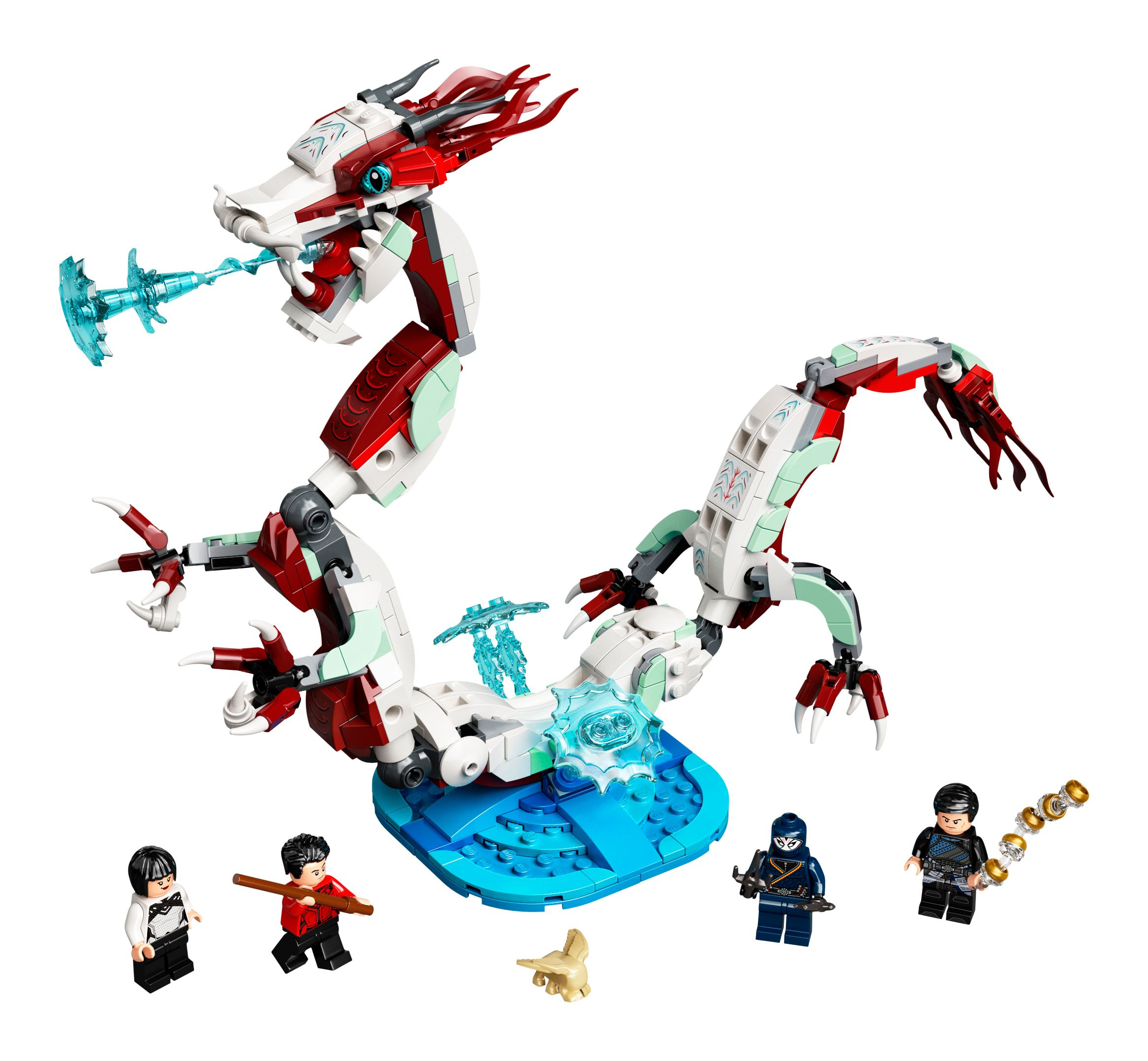 Zestaw Lego Ninjago: Biało-czerwona figura smoka z minifigurkami postaci ninja i złotym akcesorium.