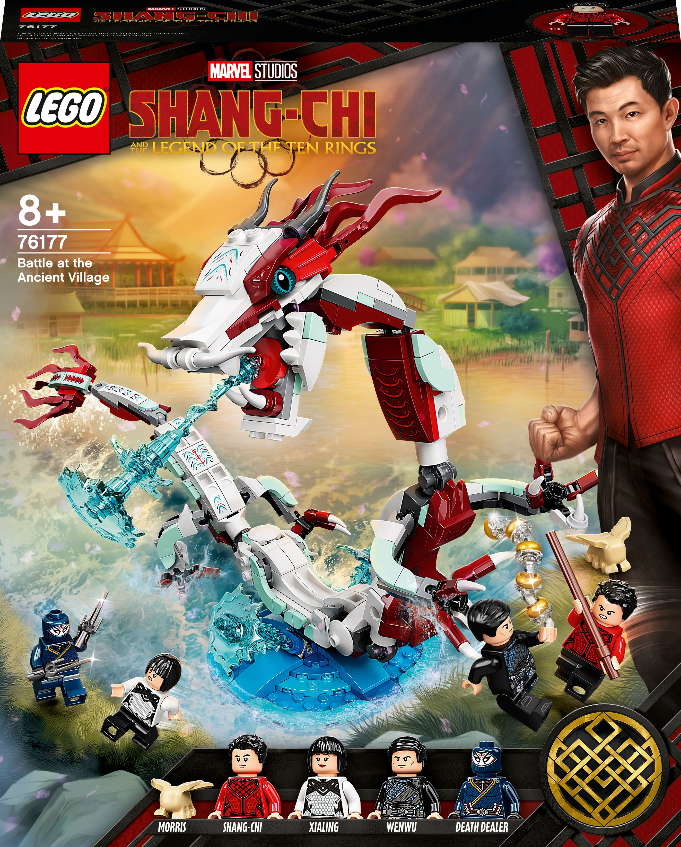 Pudełko Lego z Shang-Chi i smokiem. Figurki znajdują się na pudełku.