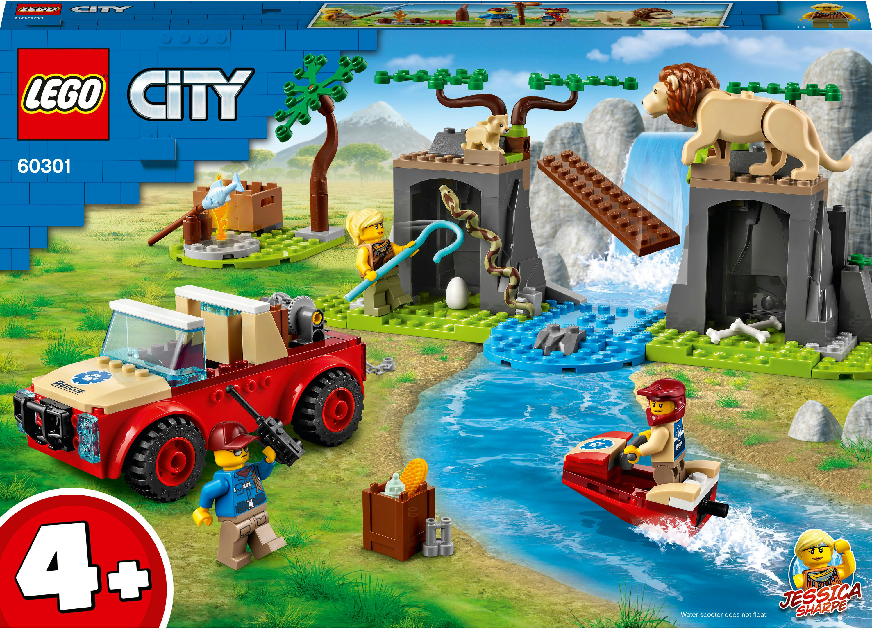 Zestaw Lego City z czerwoną ciężarówką, łodzią, figurkami i sceną z lwami i wodospadem.