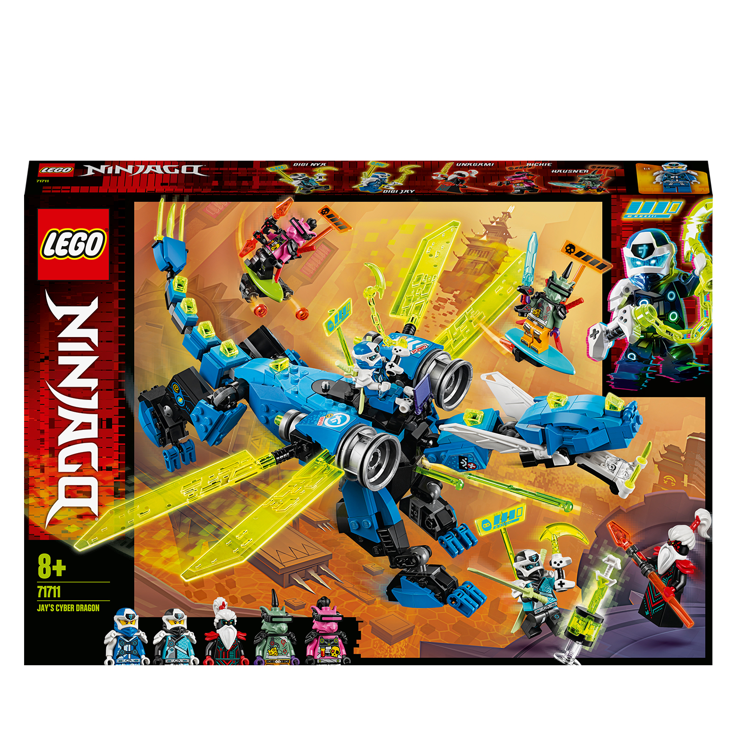 Lego Ninjago Set: blaue Drachenfigur, Ninjas und Box mit Namen.