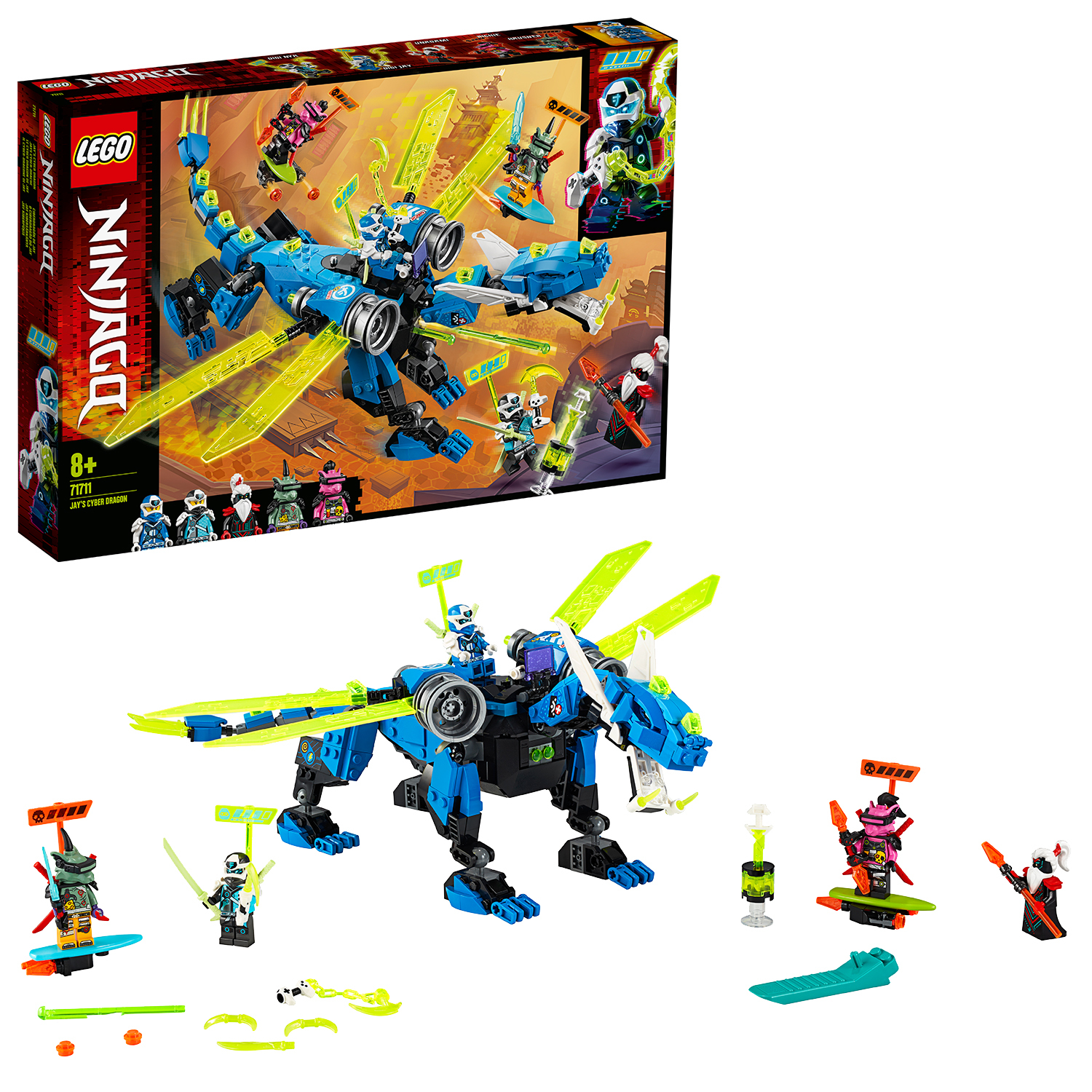 Ein blauer Lego-Drache mit neongrünen Flügeln ist zusammengebaut. Minifiguren und eine Box sind ebenfalls vorhanden.