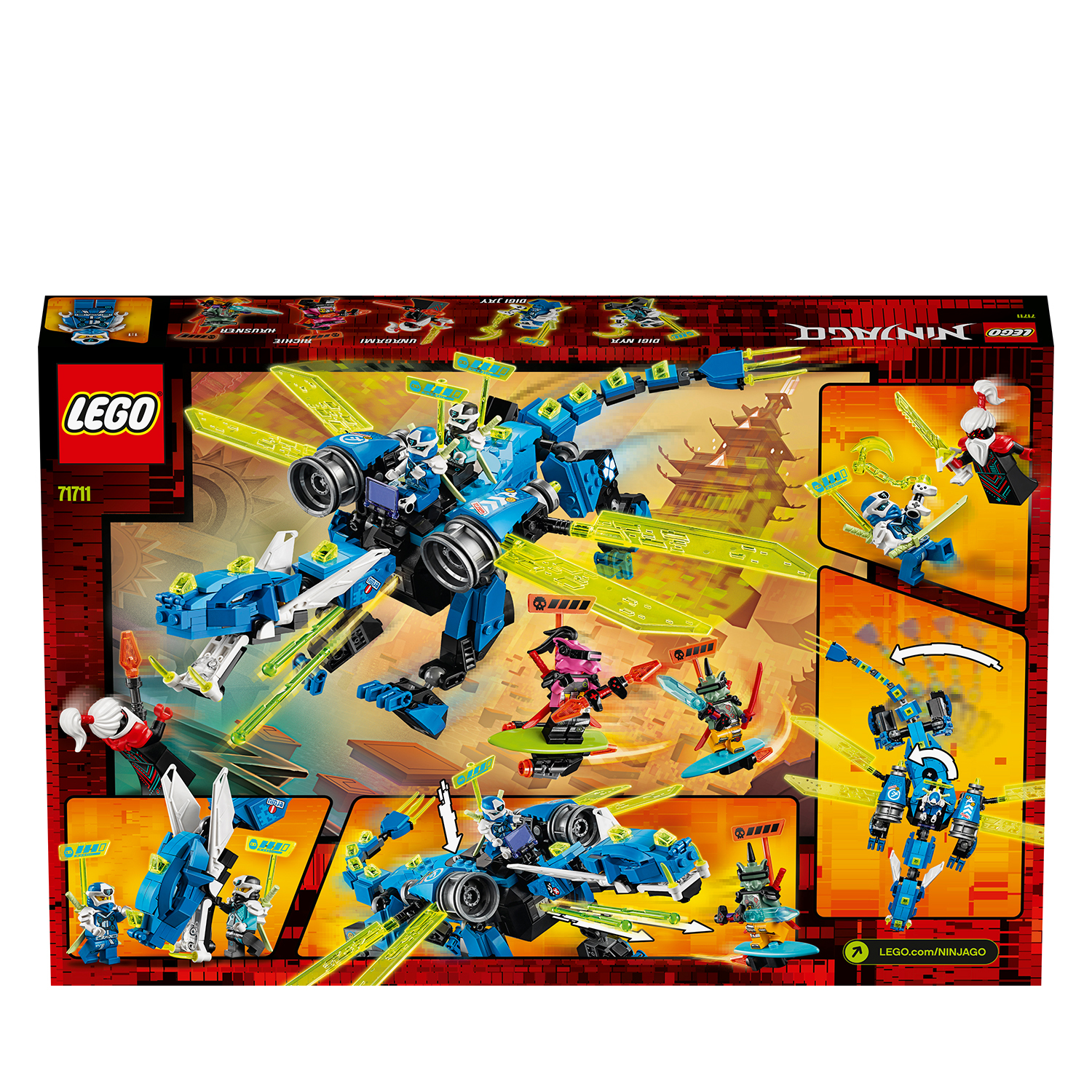 Ein LEGO Ninjago Set mit einem blauen Jet, Minifiguren und einer Stadtkulisse.