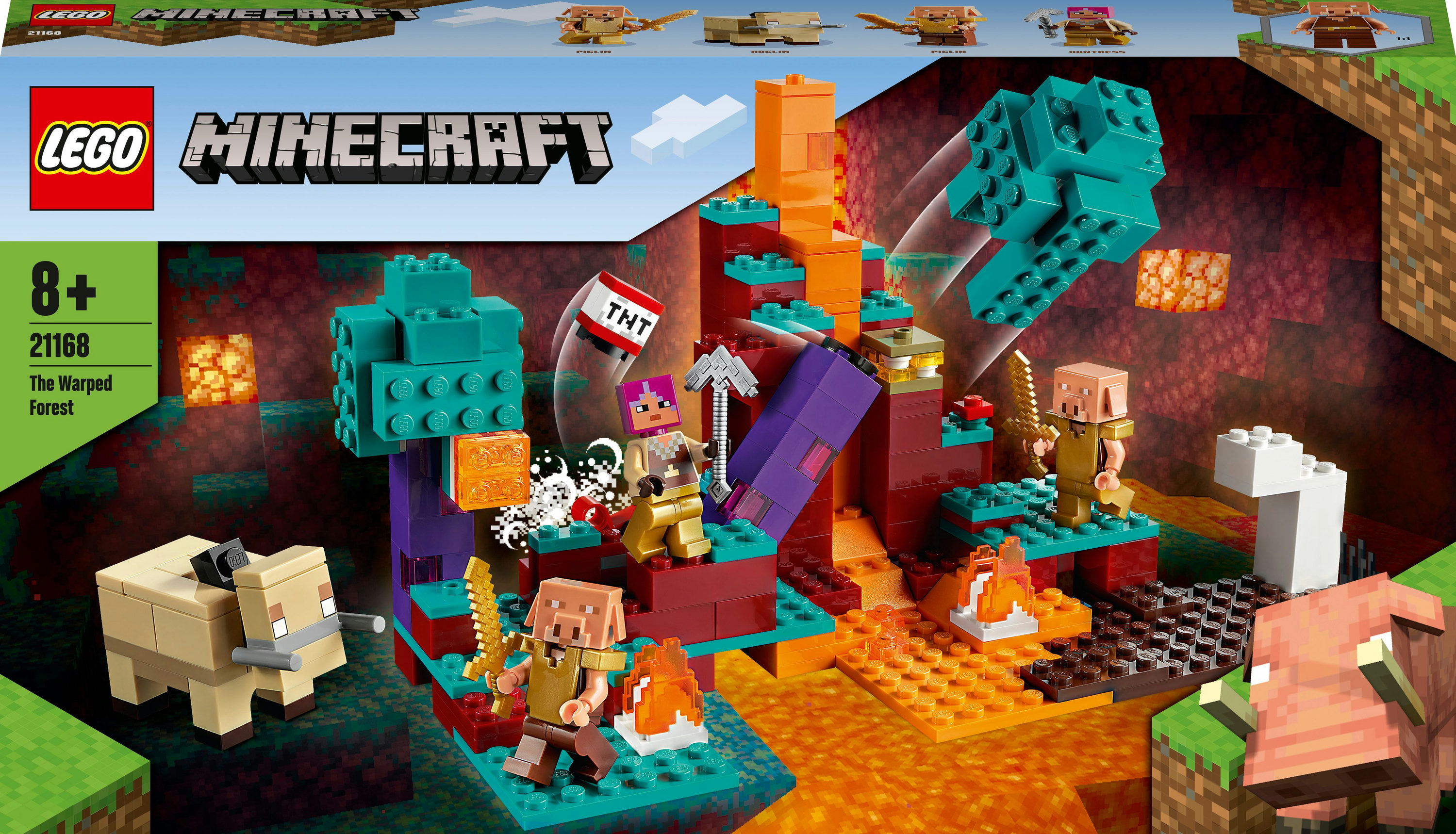 Zestaw Lego Minecraft przedstawiający The Warped Forest, z minifigurkami i różnymi konstrukcjami.