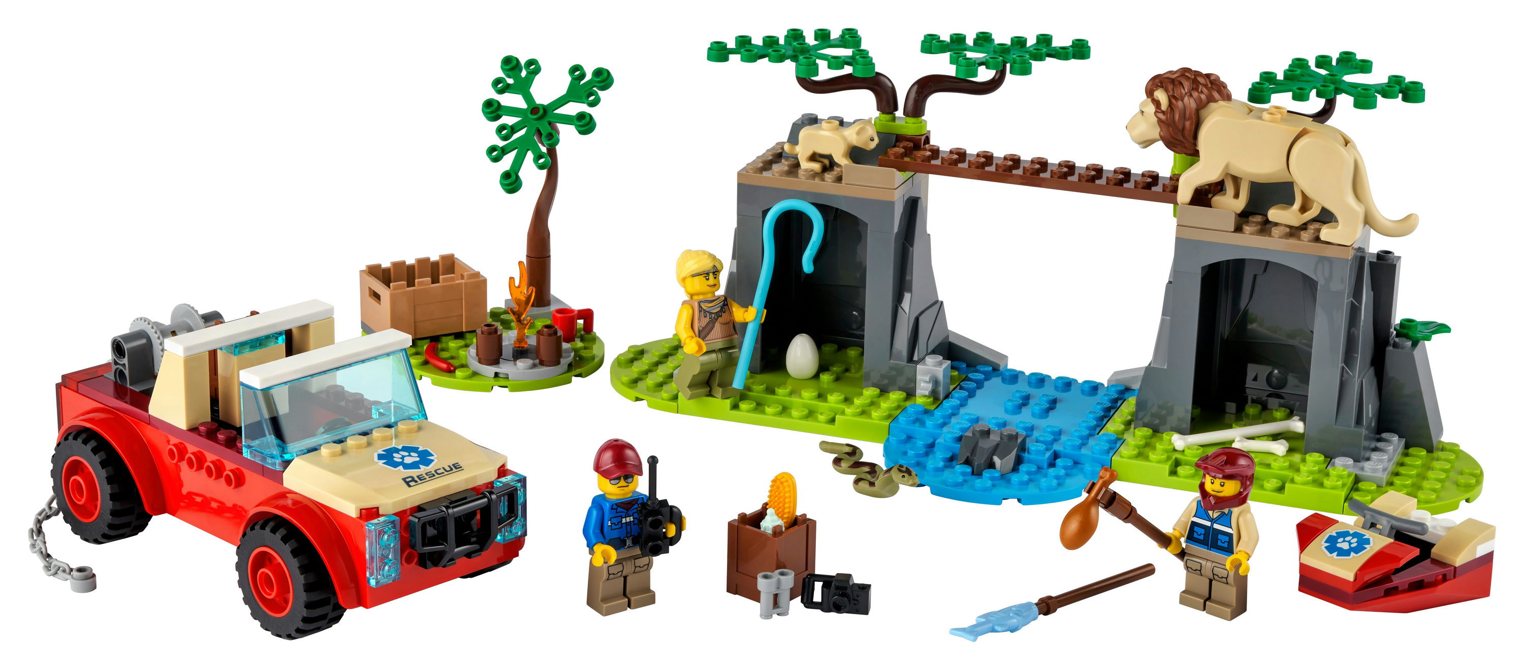 Zestaw Lego City Safari z czerwoną ciężarówką, zwierzętami i minifigurkami na białym tle.