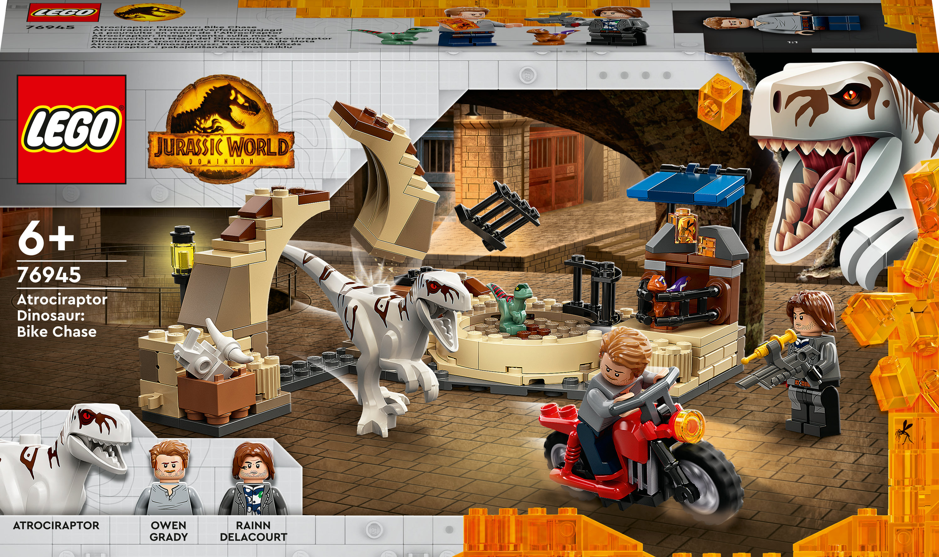 Set LEGO. Dinosaures et personnages dans une course-poursuite à moto. Comprend moto rouge, raptor, structures.