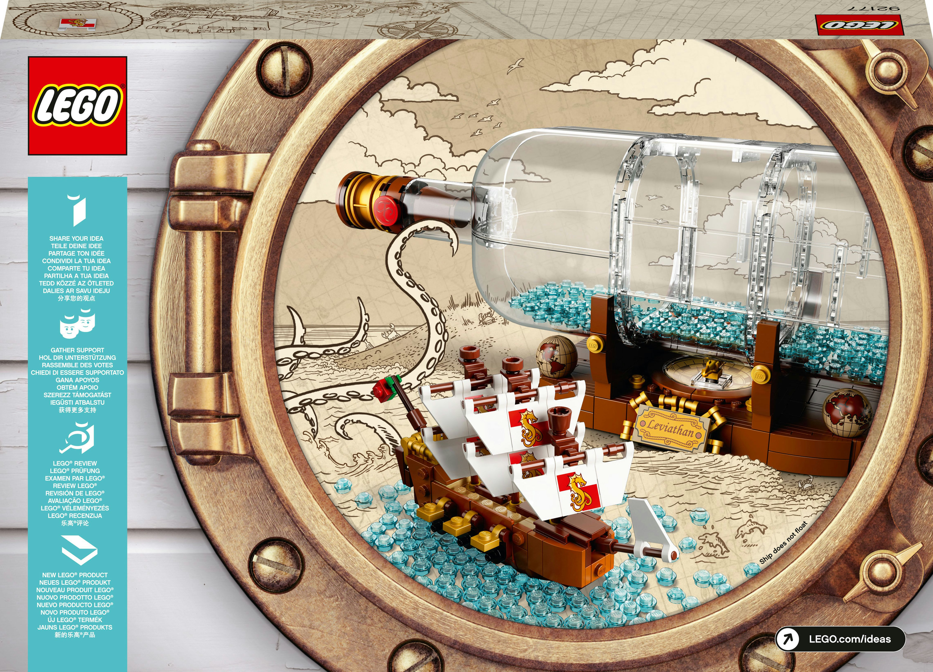 Lego-Set mit Schiff in einer Flasche und detaillierter Hintergrundszene.