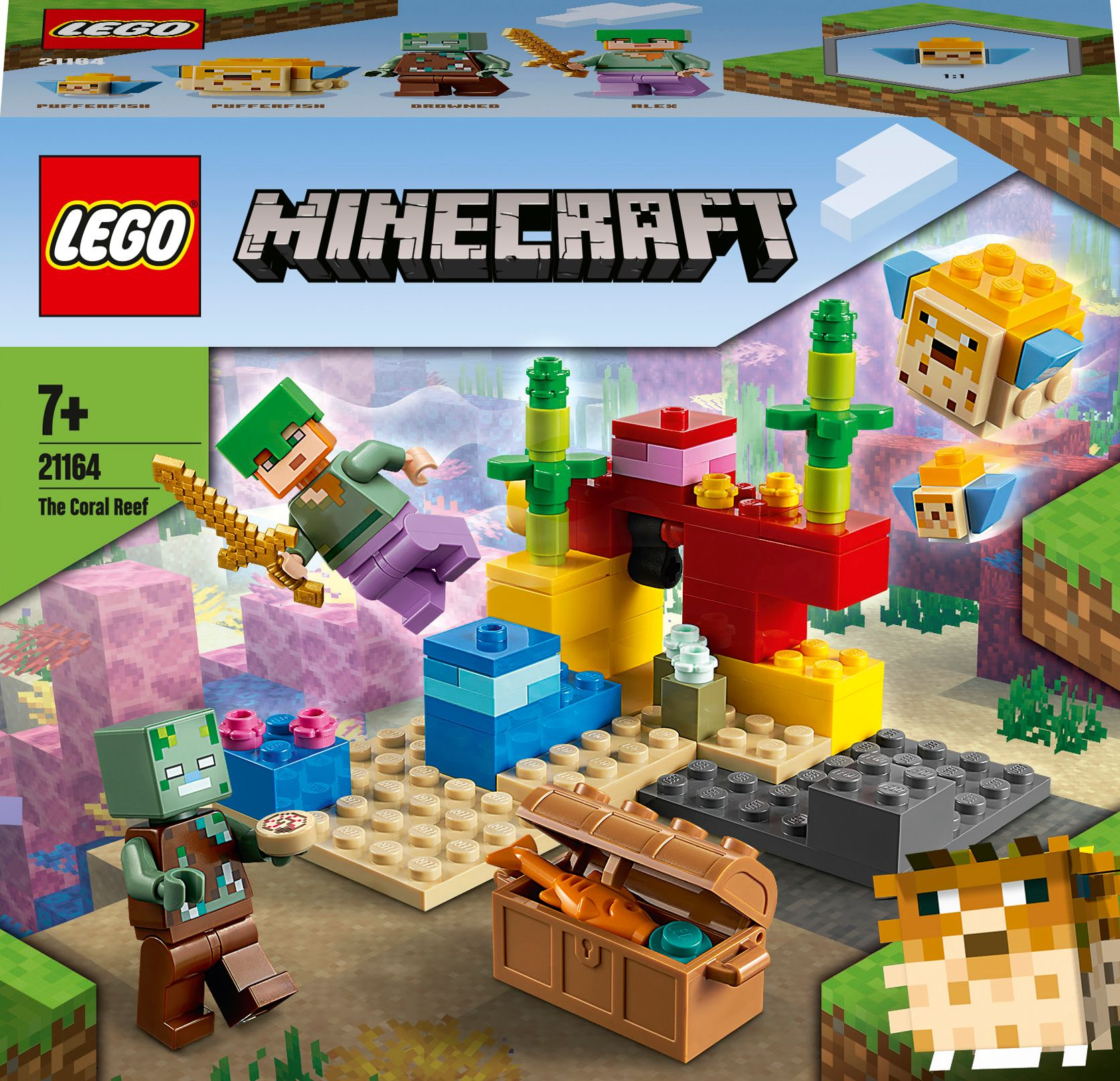 Set Lego Minecraft con una scena della barriera corallina, inclusi personaggi e vari elementi della vita marina.