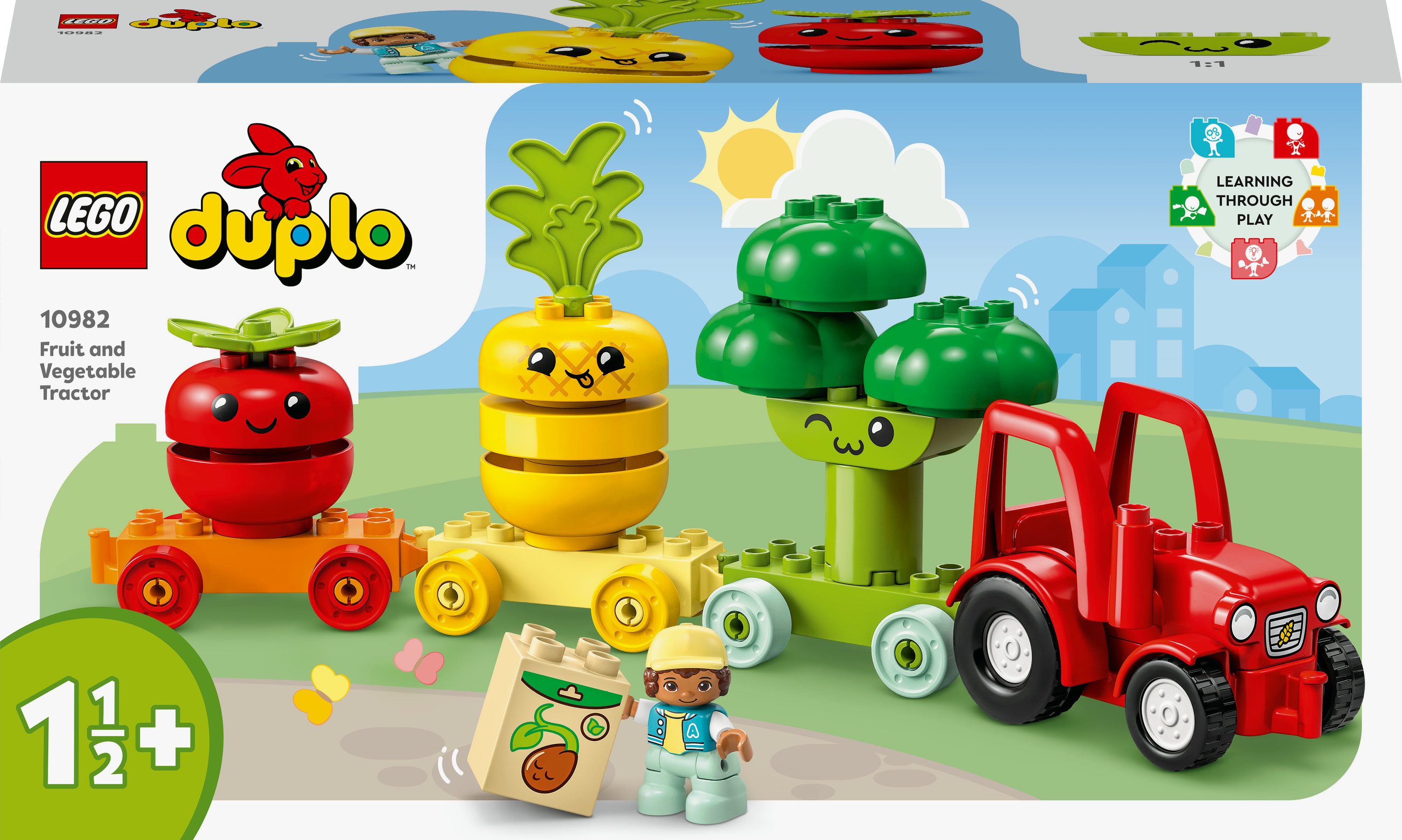 Set LEGO Duplo Trattore Frutta e Verdura. Trattore rosso con blocchi a forma di carota, pomodoro e albero.