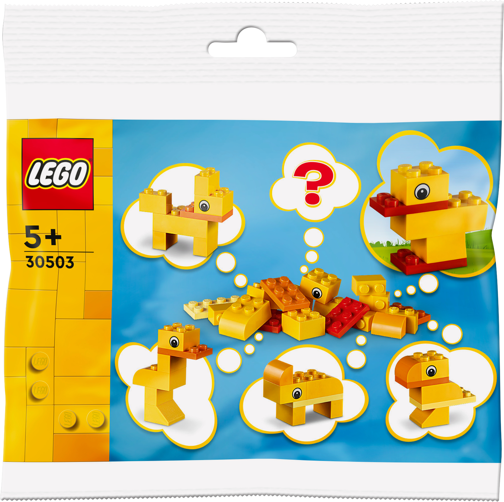 Farklı yapım aşamalarında ördek modelleri içeren LEGO paketi, sarı ve kırmızı renkler.