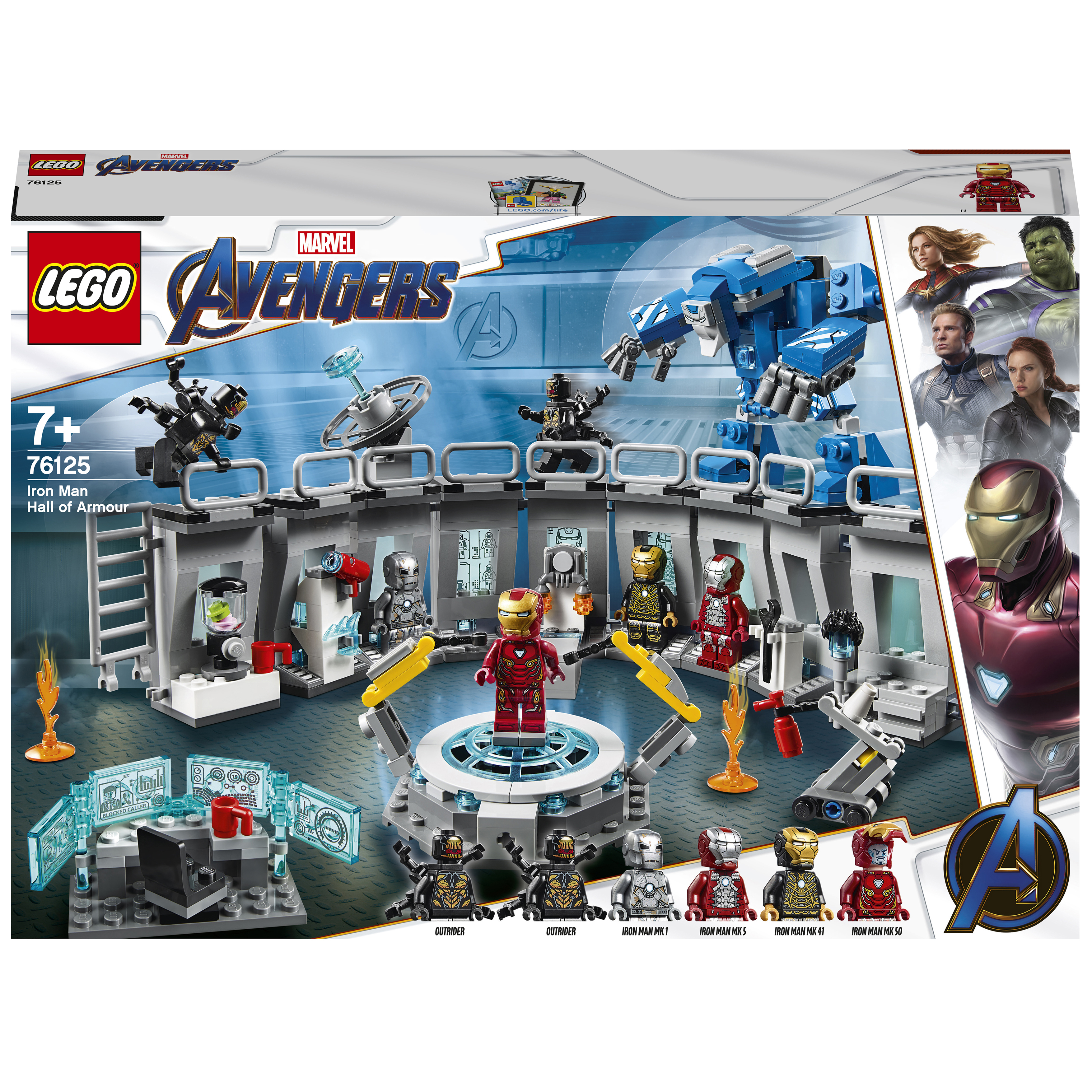 Scatola del set Lego Avengers. Include personaggi di Iron Man e una sala.