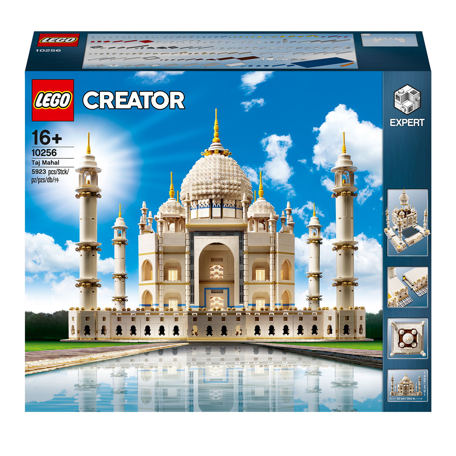 Pudełko Lego Creator Taj Mahal. Budynek Taj Mahal jest pokazany na przodzie pudełka.