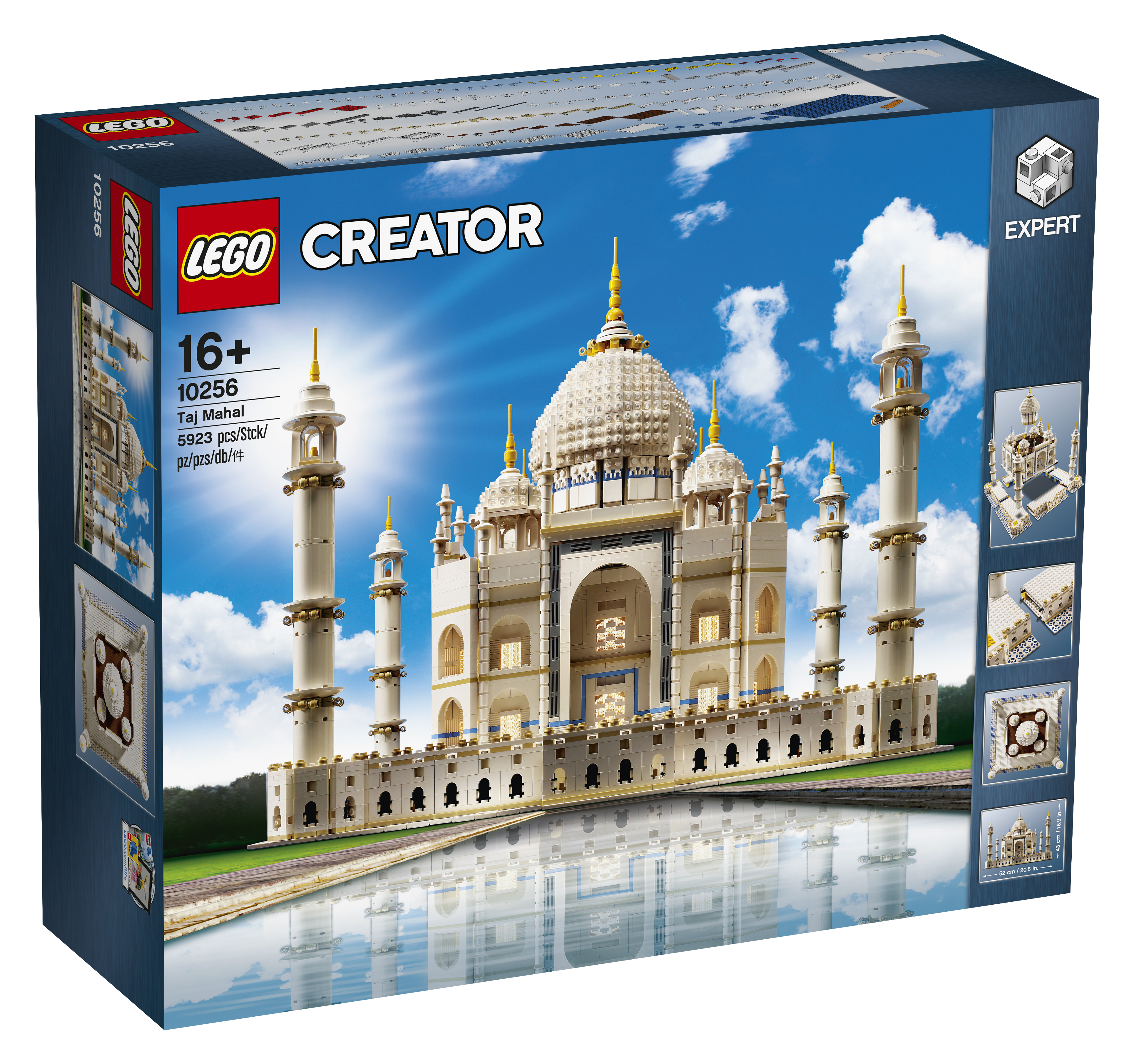 Pudełko LEGO Creator Taj Mahal ze szczegółowym obrazem modelu i mniejszymi widokami budynku.