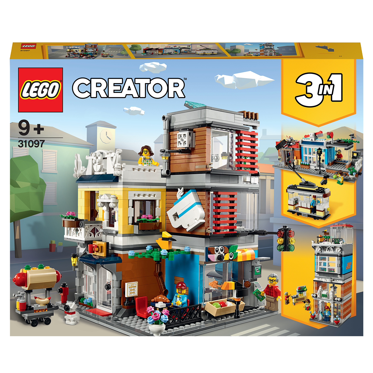 Zestaw Lego Creator z budynkiem, figurkami i wózkiem dostawczym.