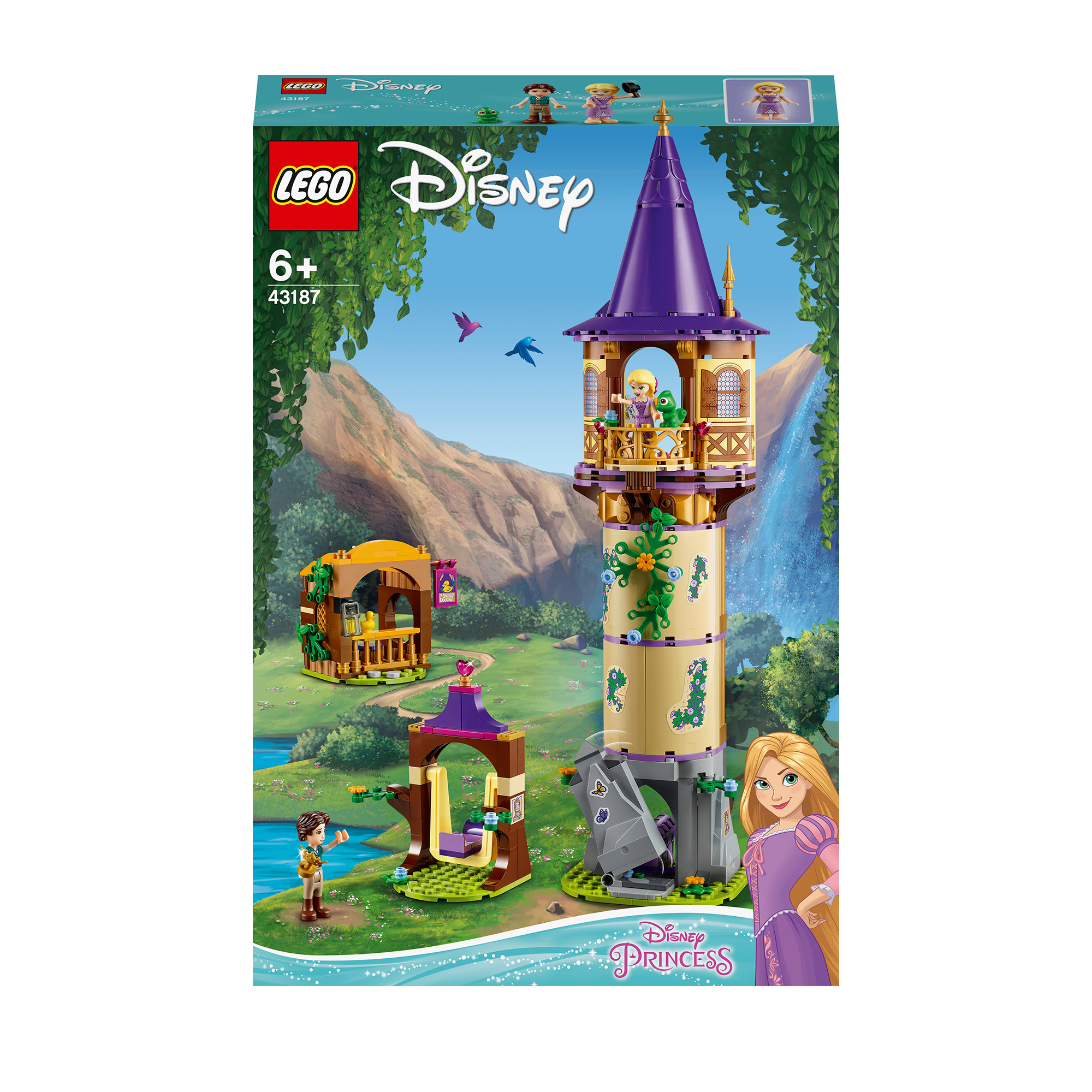 Lego Disney Set mit hohem Turm, kleinem Gebäude und Mädchenfigur auf der Box.