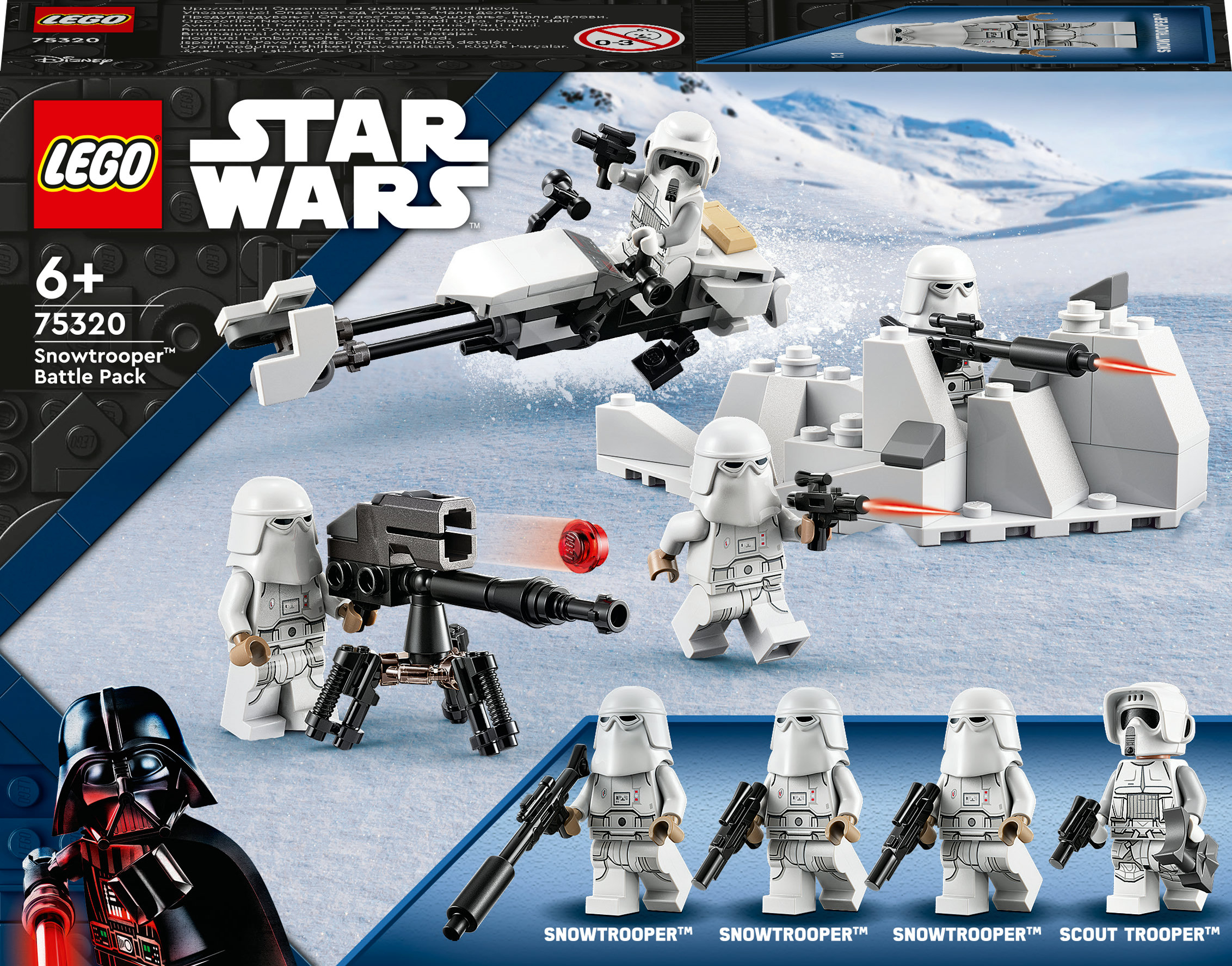 LEGO Star Wars Set zeigt Snowspeeder und Figuren. Snowtrooper und Darth Vader sind zu sehen.