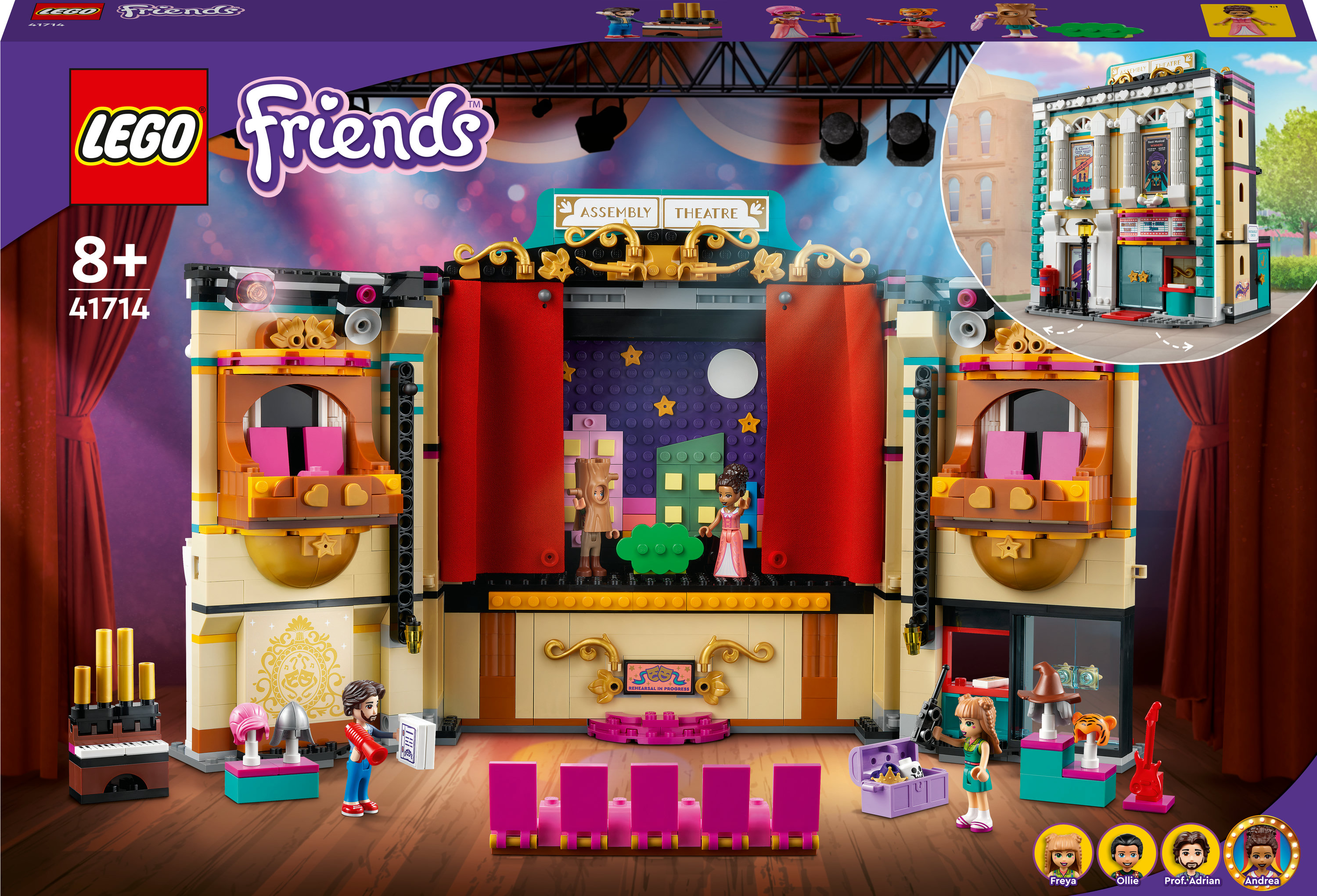 Lego Friends Assembly Theatre Set, eine Bühne mit Figuren und einem Gebäude an der Seite.