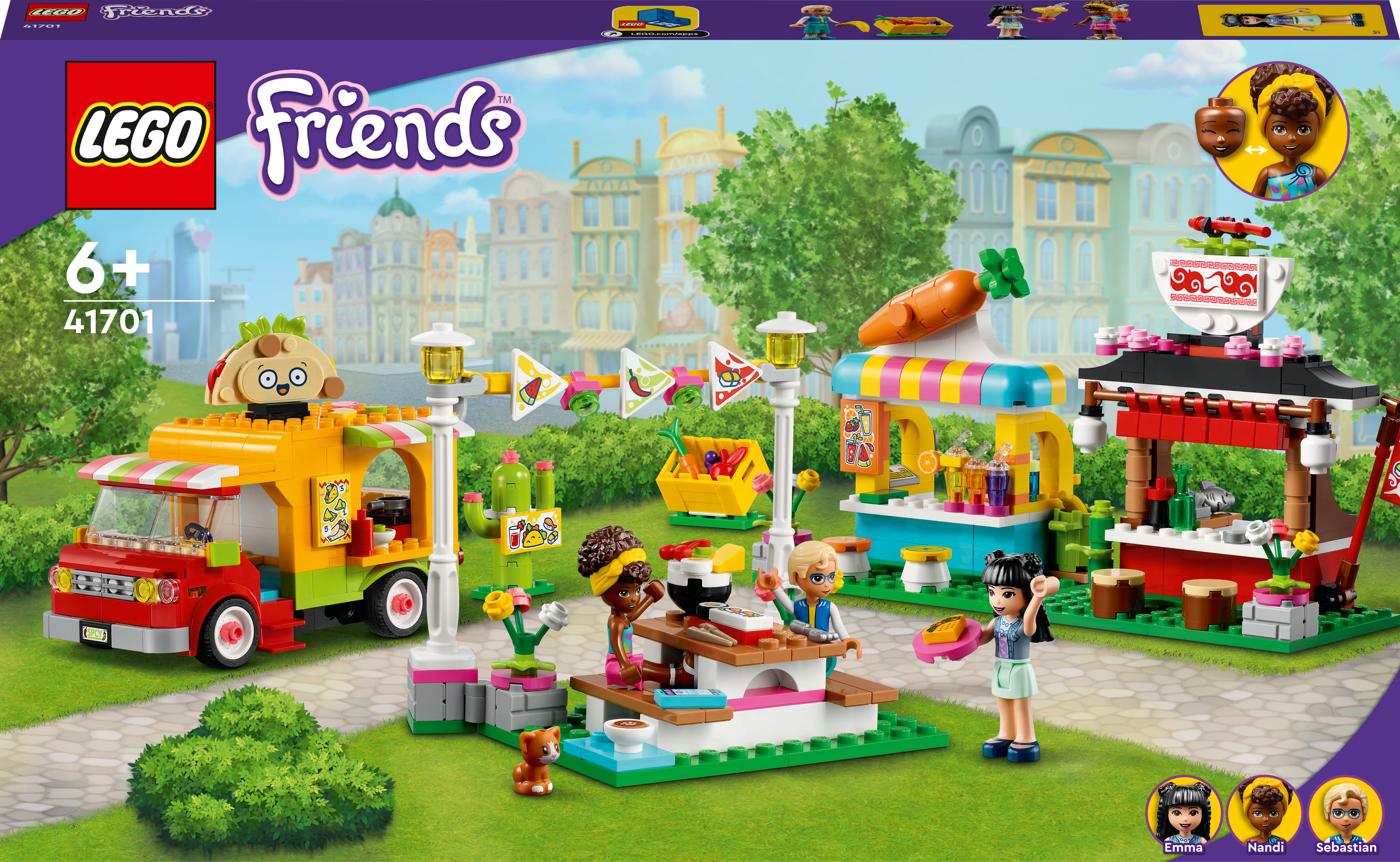 Lego Friends Food-Truck-Spielset mit Minifiguren und Zubehör. Das Set hat einen Taco und einen Wagen. Der Hintergrund ist ein Park.