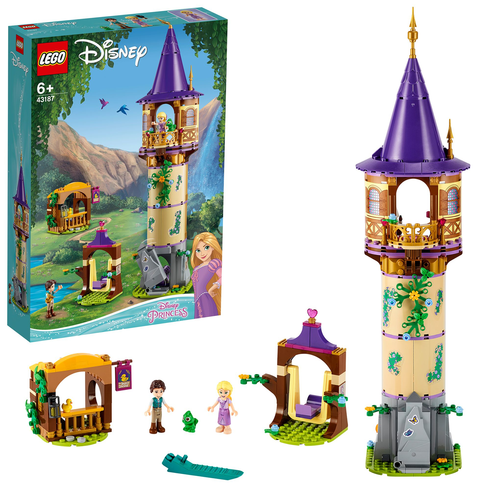Lego Disney Set: Rapunzels Turm, Figuren von Rapunzel, Eugene und ein Boot. Enthält eine Box und separaten Turm.