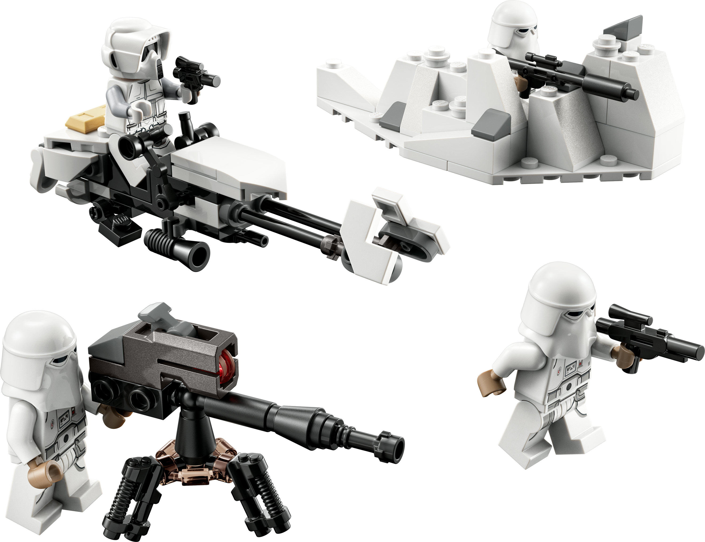 Lego Star Wars Set mit Snowtroopers, einem Speeder Bike und einer Kanone auf weißem Grund.
