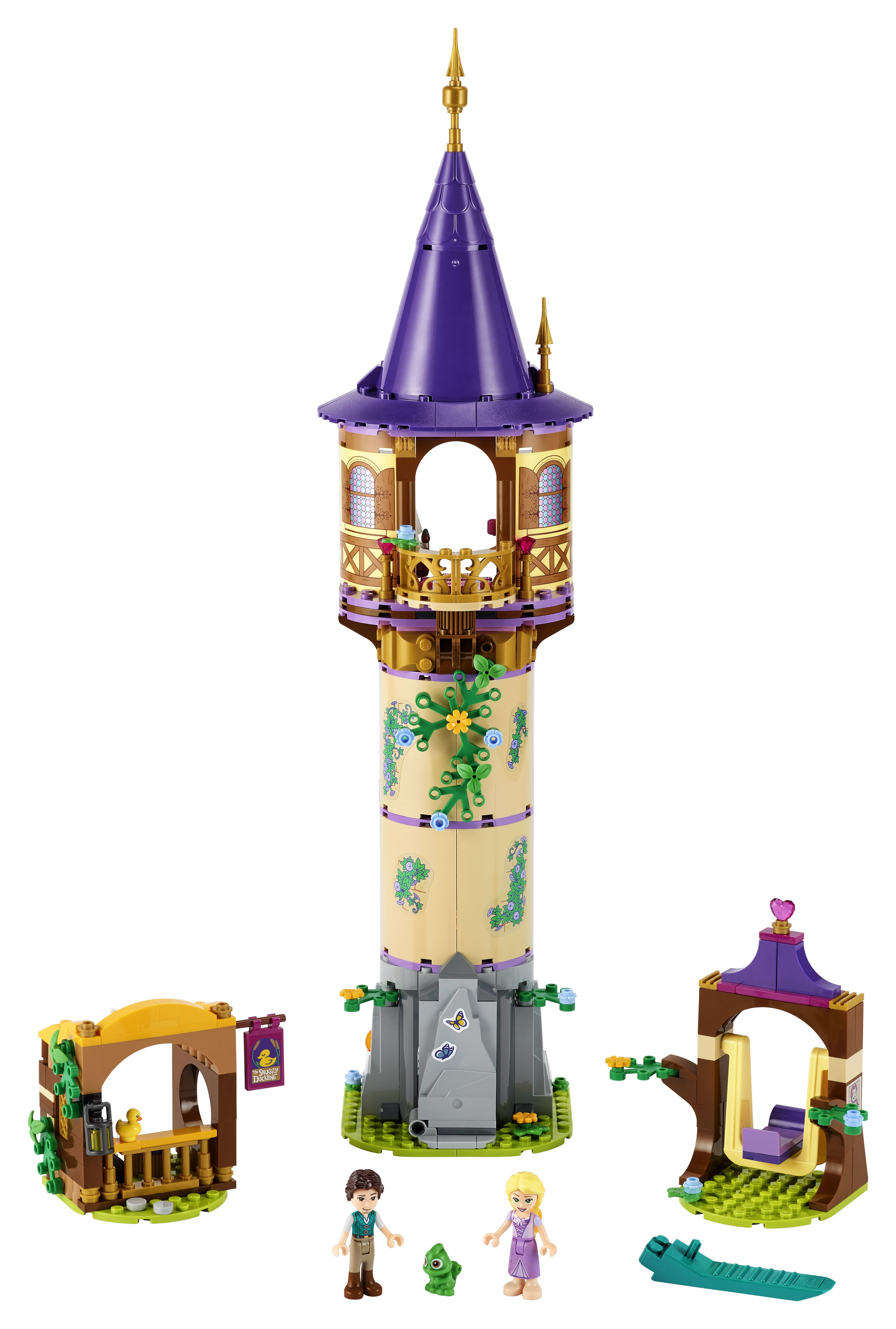 Ein LEGO Tangled Turm-Set. Ein Turm mit Rapunzel und anderen Figuren, sowie ein kleines Boot.