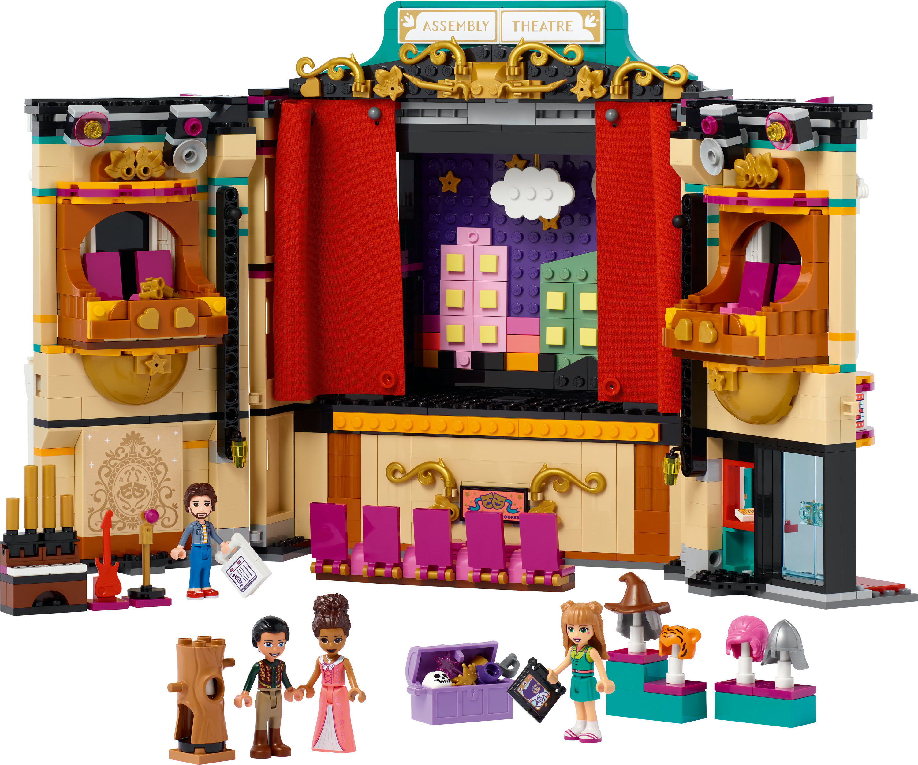 Lego Friends Assembly Theater. Figuren, Bühne, Requisiten und detailliertes Interieur werden gezeigt.