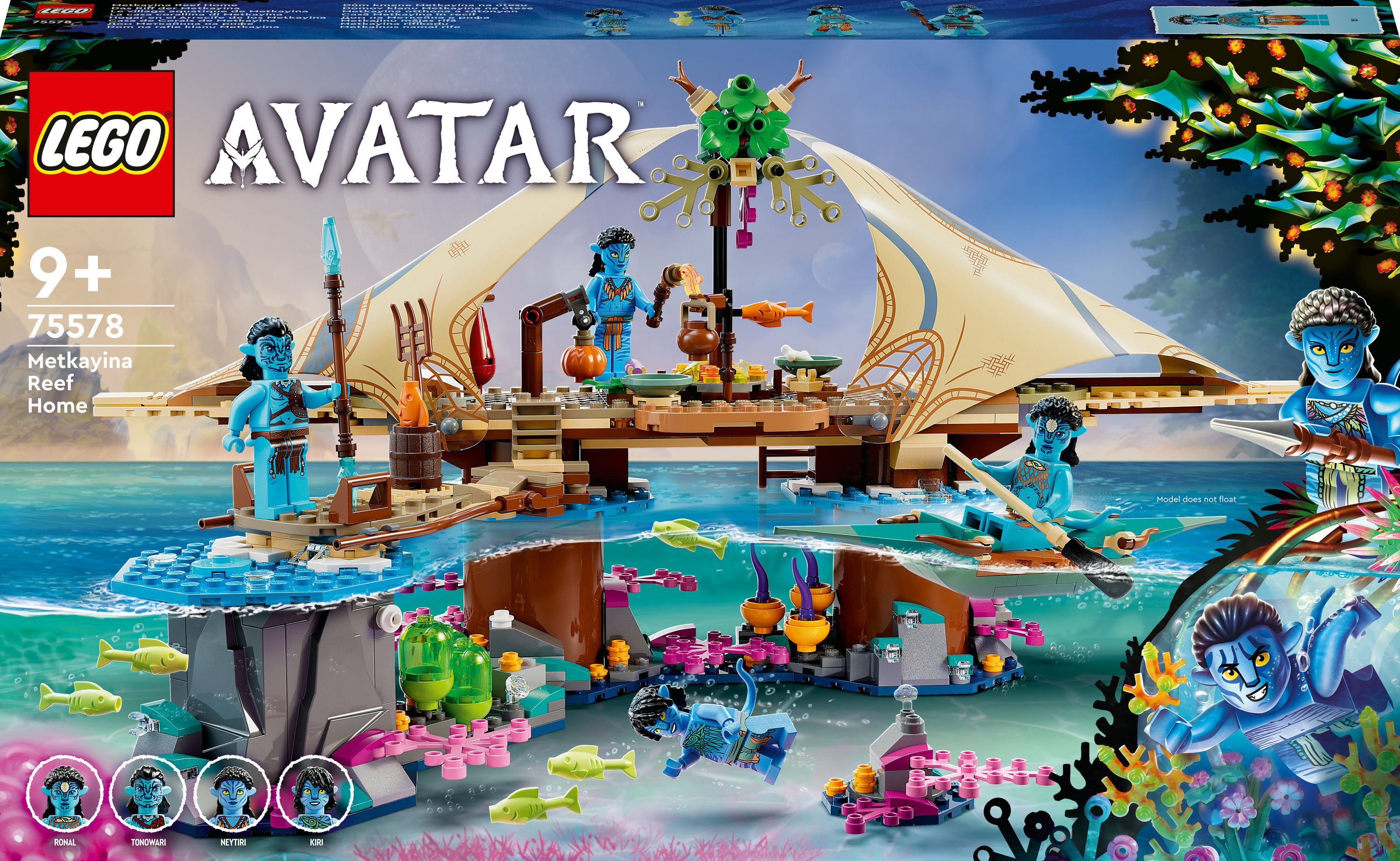 Set Lego Avatar: Metkayina Reef Home. Figuras azules en estructura, agua y peces.
