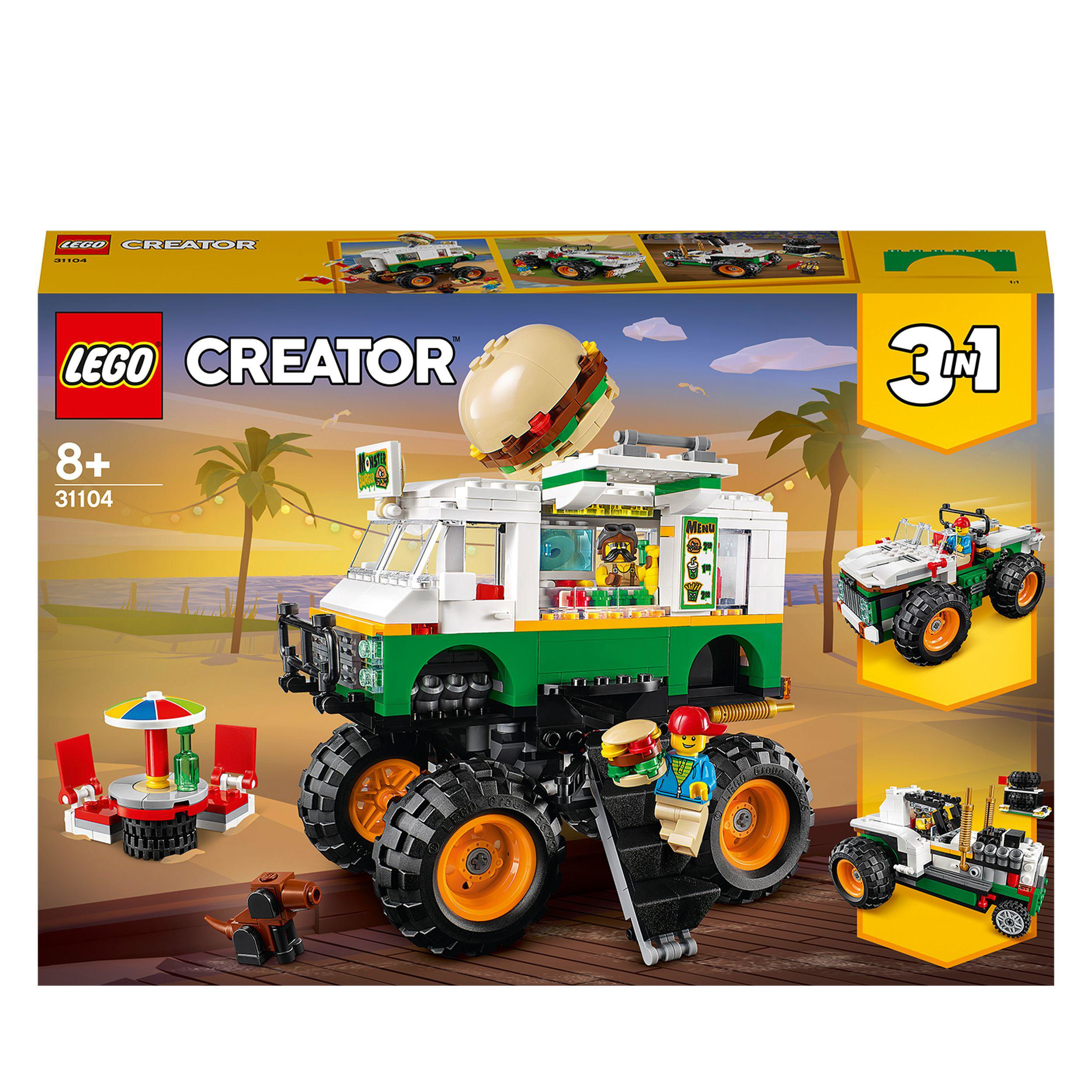 Eine Lego Creator Set-Box mit einem Monstertruck, einem Burger-Truck und anderen Modellen.