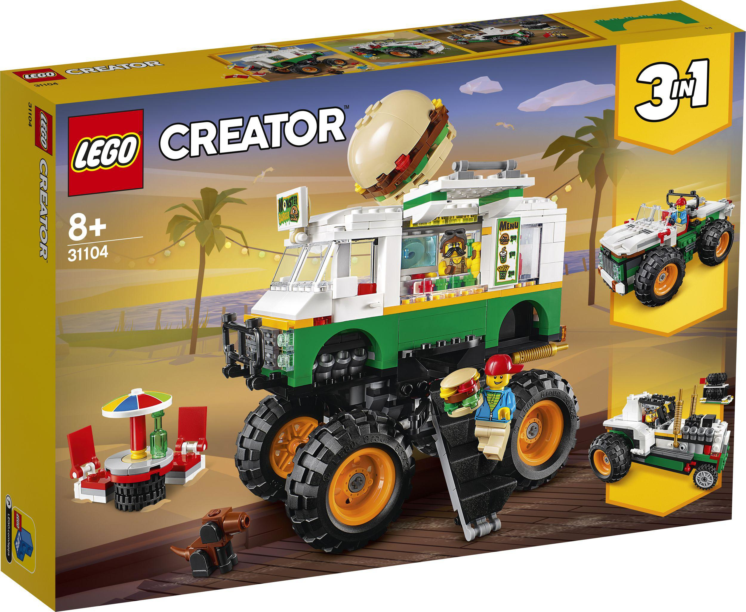 Lego Creator 3in1 Food Truck Set. Monster Truck Design mit Figuren und zusätzlichen Fahrzeugen.