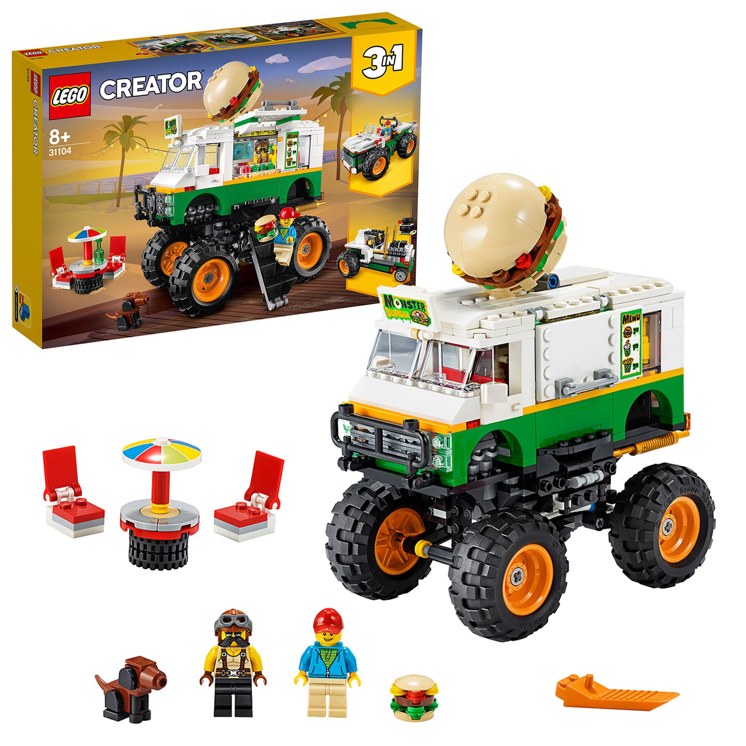LEGO Creator Hamburger Truck Set mit Figuren, Tisch und Stühlen sowie einer Hundefigur.