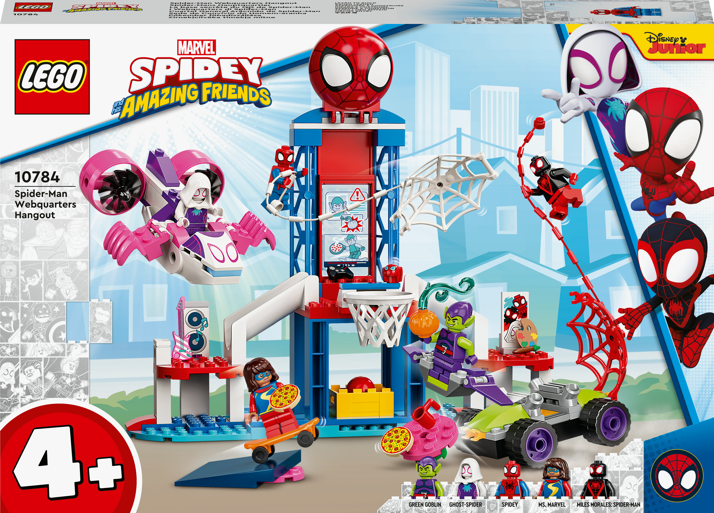 LEGO Set-Box von Spider-Mans Hauptquartier mit Figuren und Zubehör. Bunter Hintergrund.
