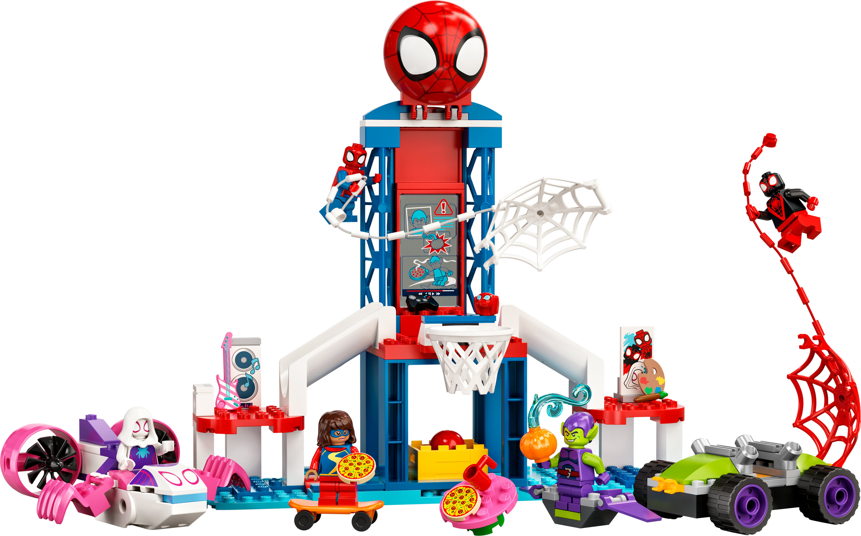 Lego Spider-Man Set mit mehreren Charakteren. Die Szene zeigt einen Turm, ein Fahrzeug und Figuren.