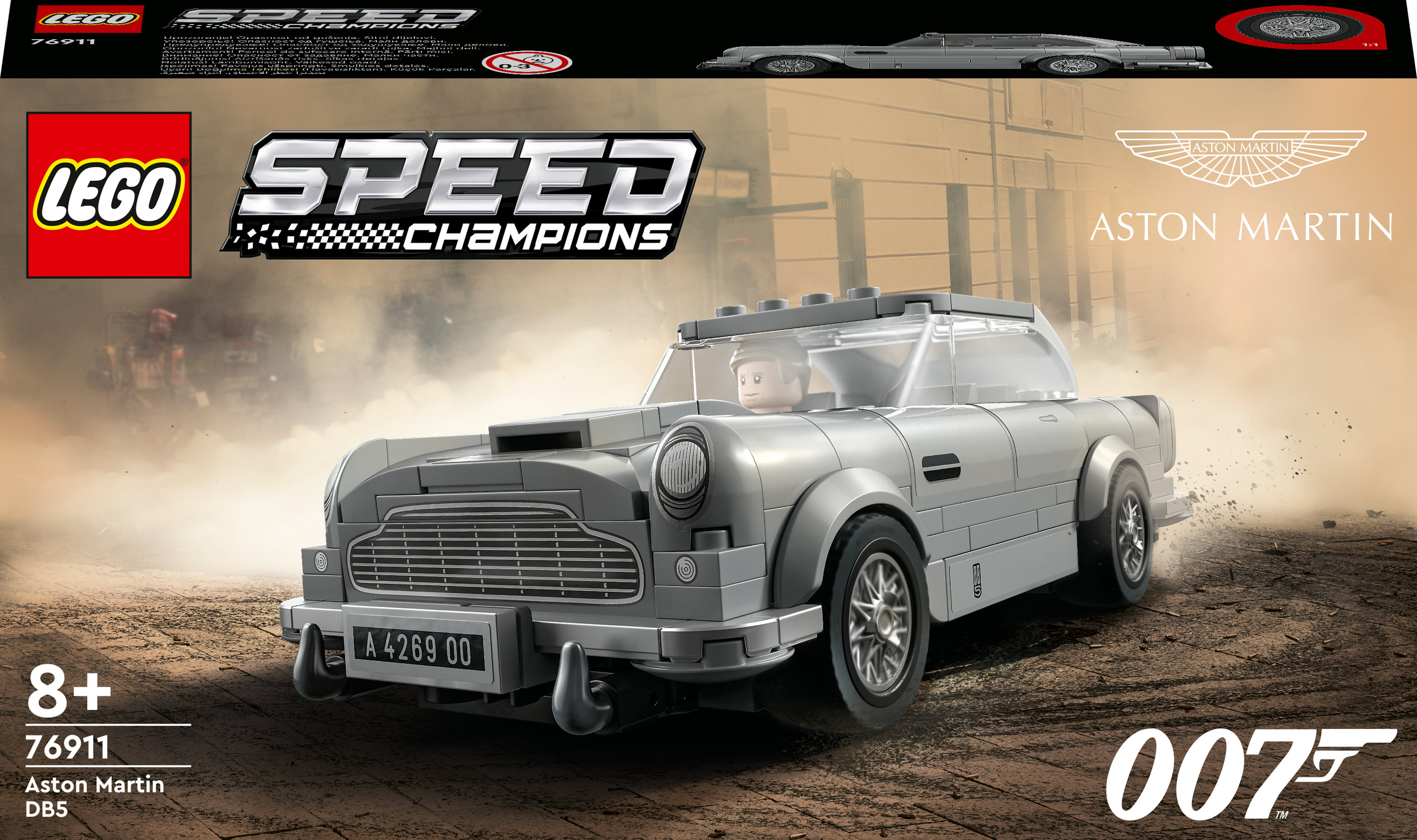 Ein Lego Aston Martin DB5 Set, mit silbernem Auto, Box und dem James Bond 007 Logo.