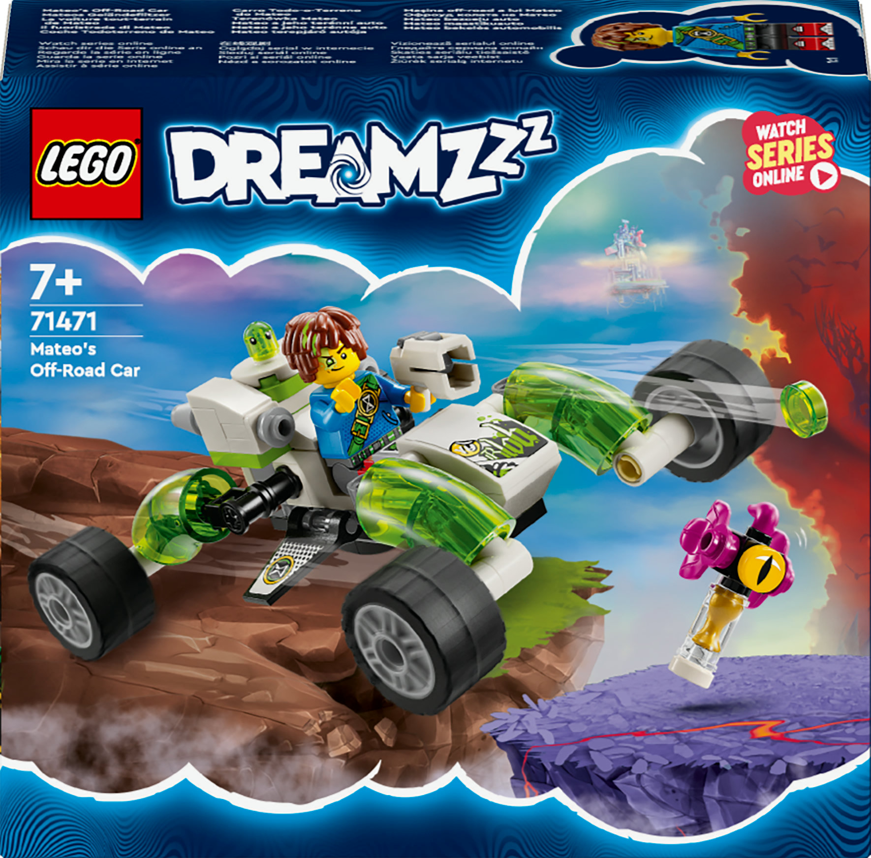 Lego Dreamzzz-Set mit einem Fahrzeug, einer Figur und einem Monster. Bunte Box-Art mit Fantasy-Hintergrund.