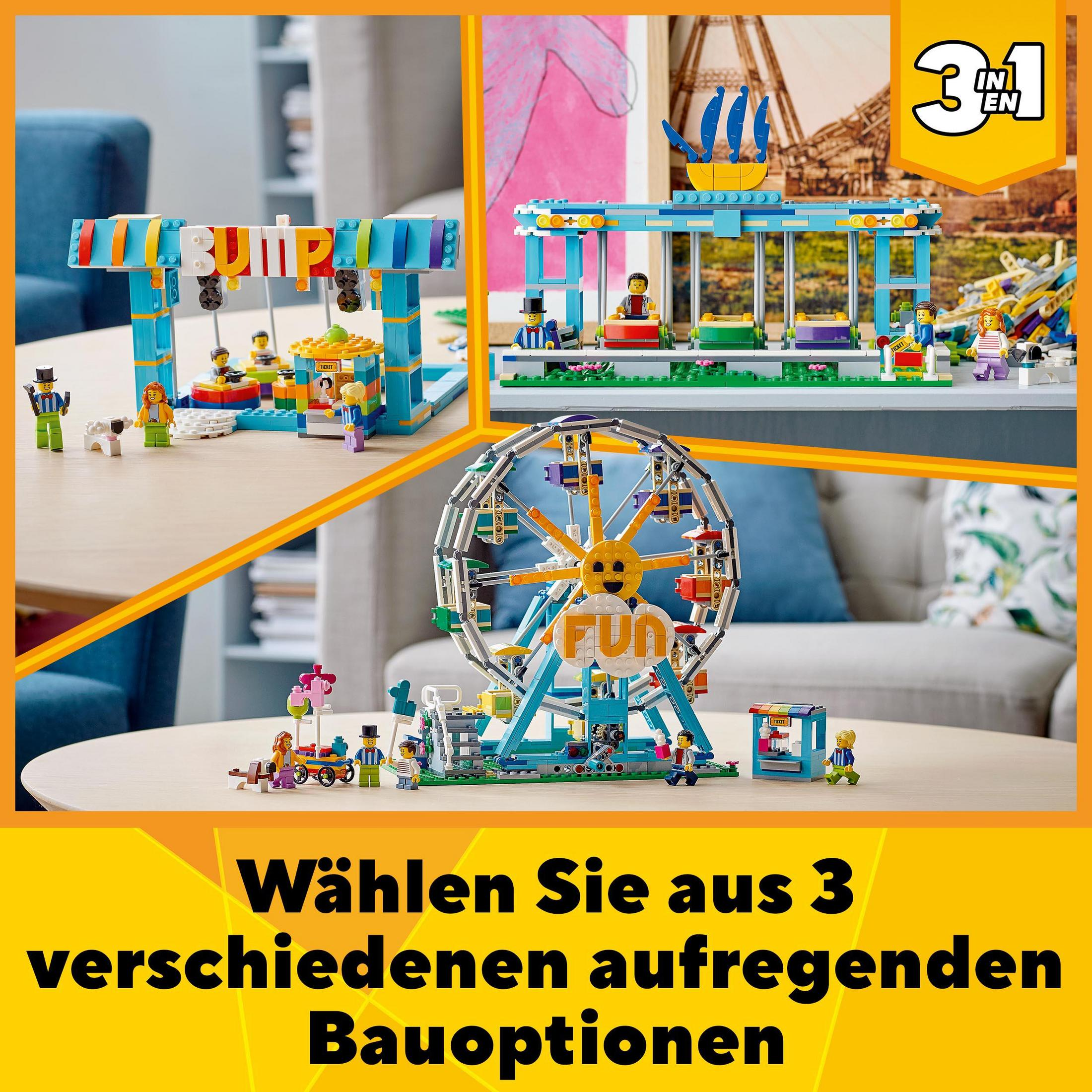 Un set Lego con tre diverse costruzioni di parco divertimenti, tra cui una ruota panoramica, un'altalena e altri elementi.